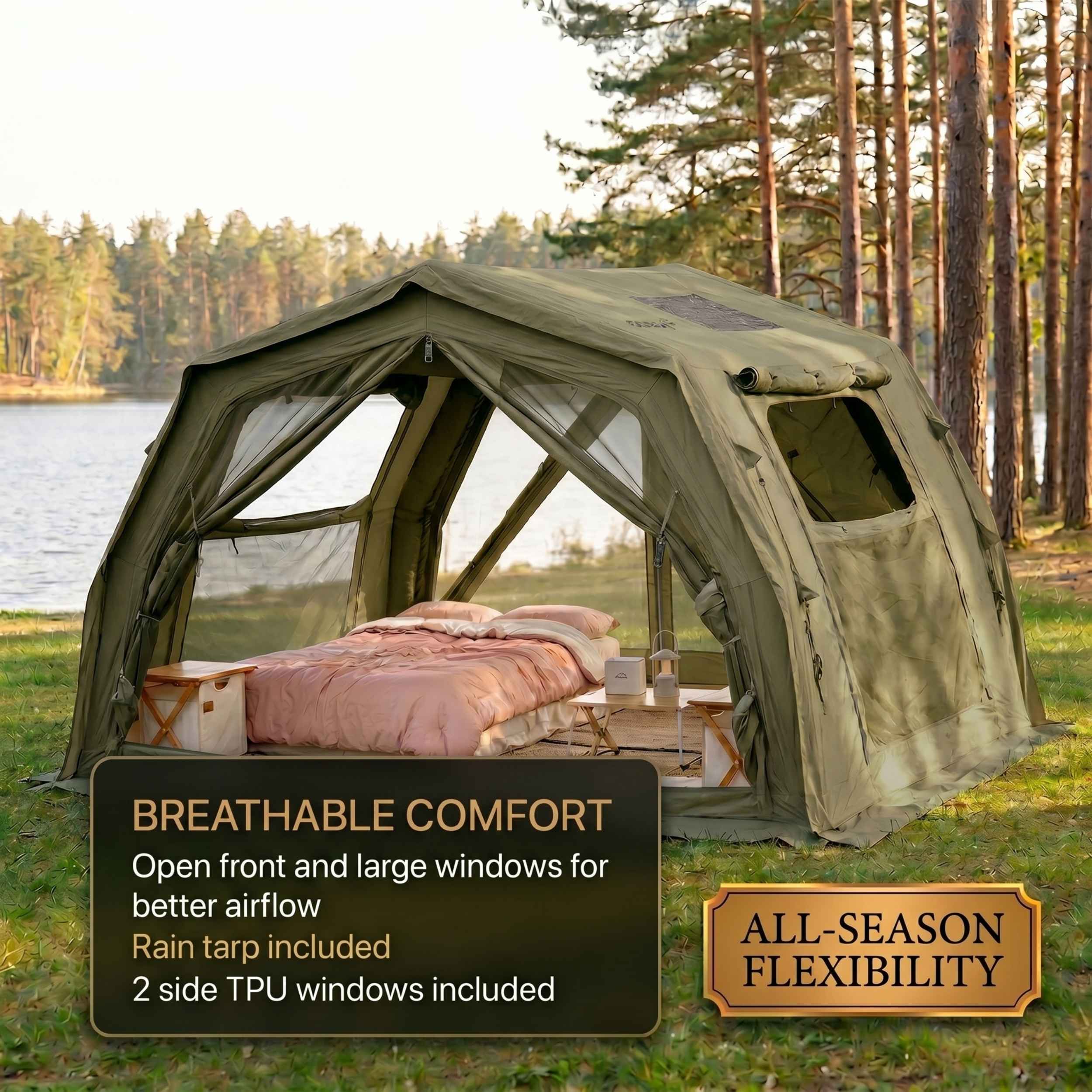 Coody 10.0 PRO Forest Green Premium Family Inflatable Canvas Tent (2-4 Person) - Image 3