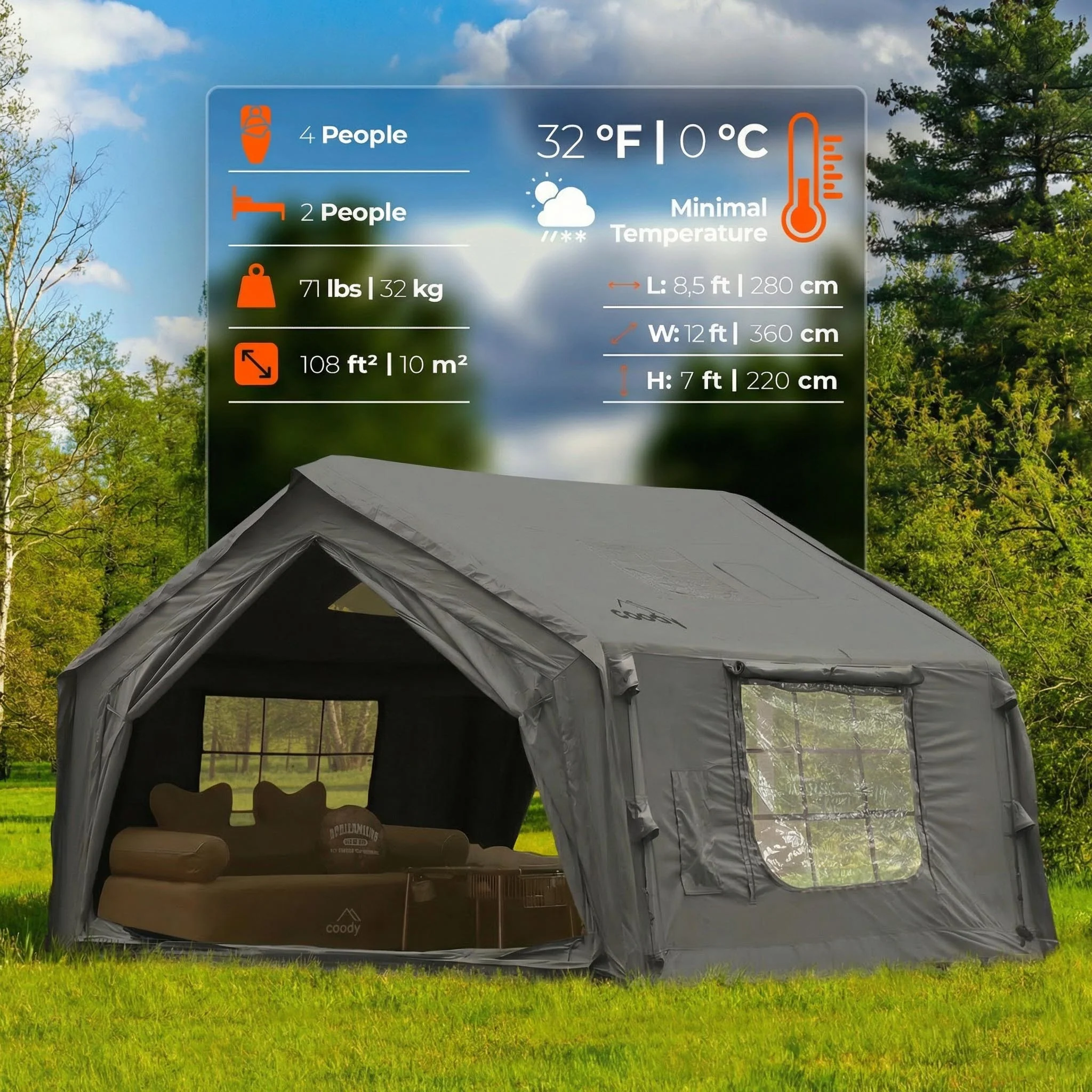 Coody 10.0 Gray Inflatable Tent House for Camping (2-4 Person) - Image 5