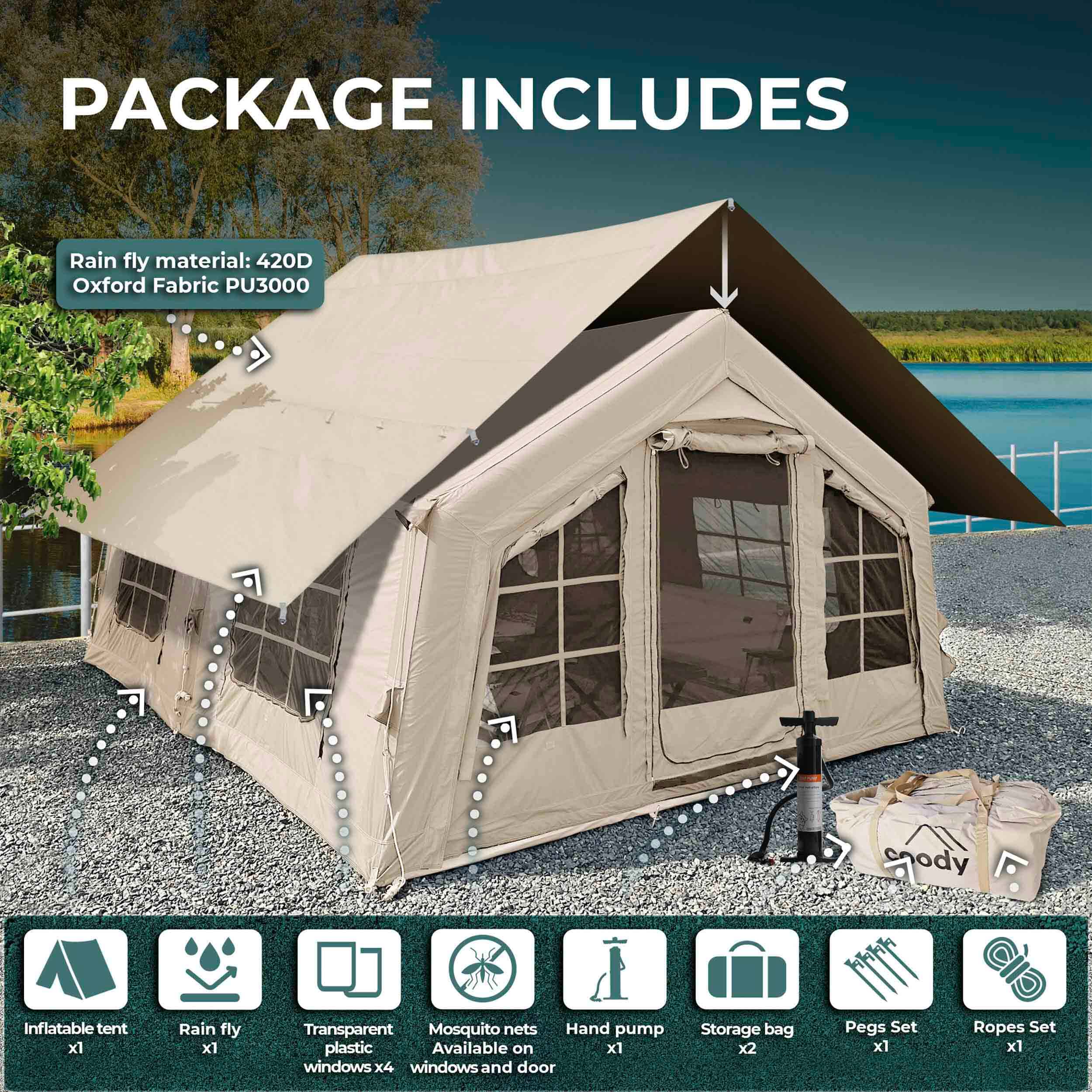 Coody Familia AirTent 13.6 Beige Inflatable Tent House for Camping (2-8 Person) - Image 6