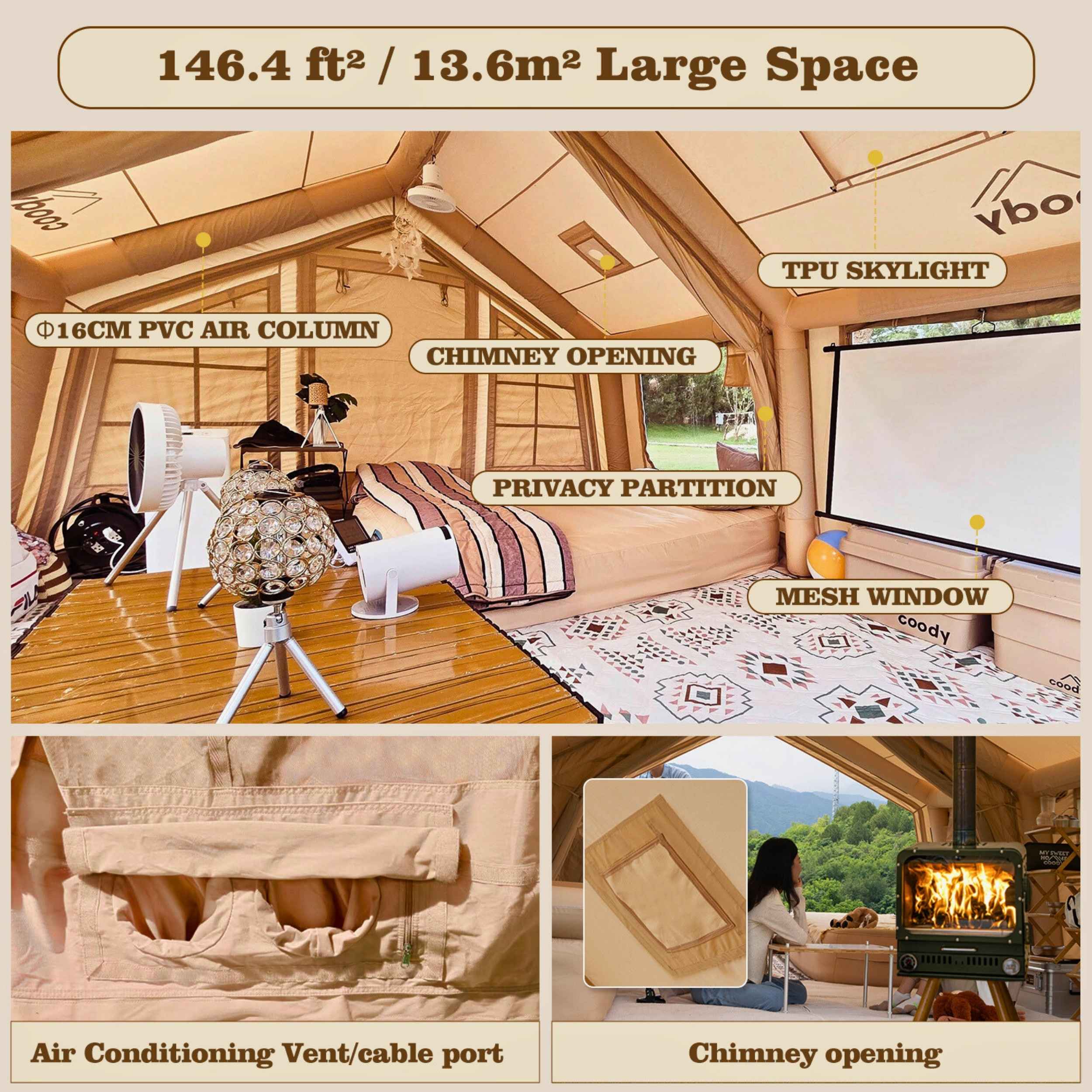 Coody Familia AirTent 13.6 Beige Inflatable Tent House for Camping (2-8 Person) - Image 4