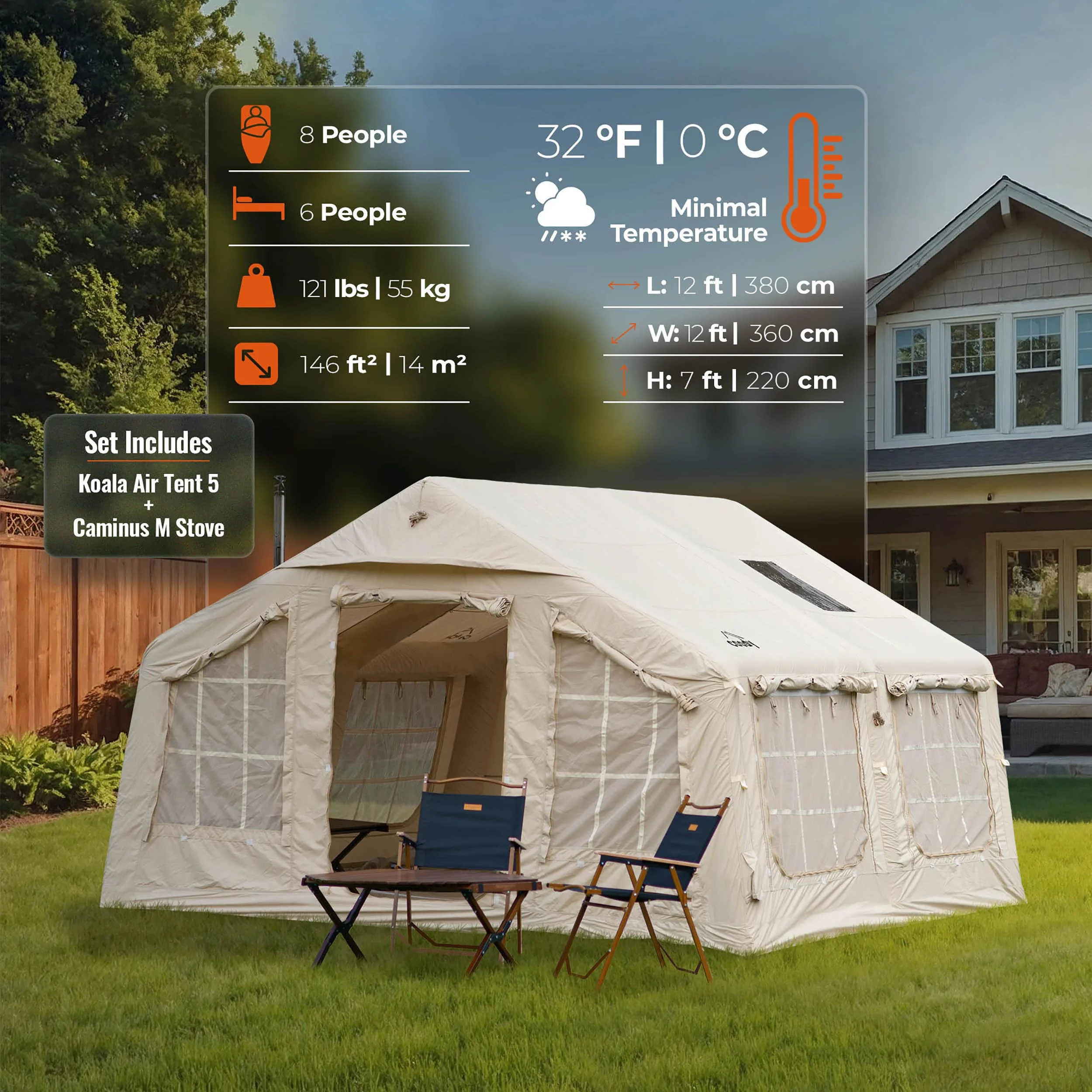 Coody Familia AirTent 13.6 Beige (2-10 Person) + RBM Wood Stove Caminus M - Image 5