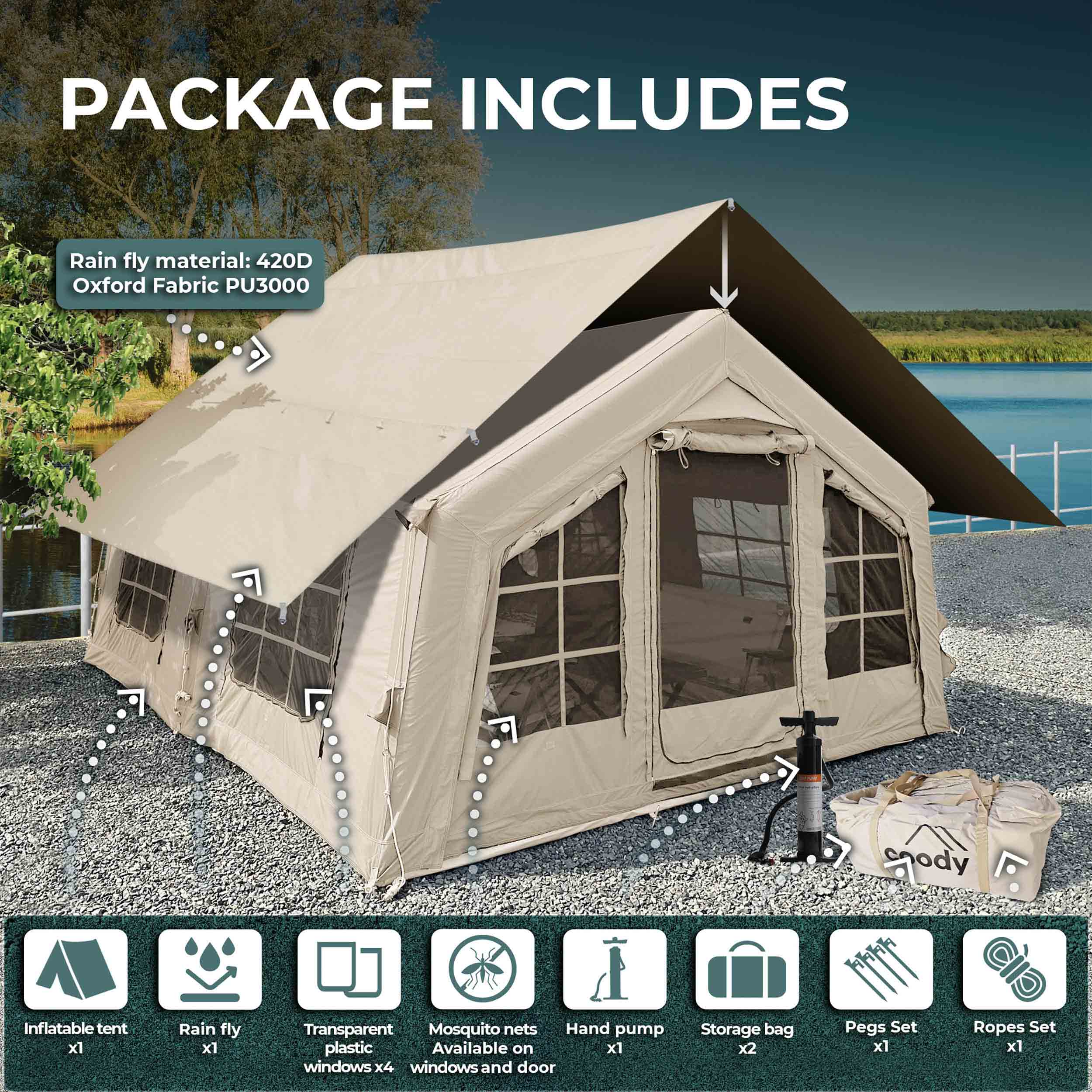 Coody Familia AirTent 13.6 Beige (2-10 Person) + RBM Wood Stove Caminus M - Image 6