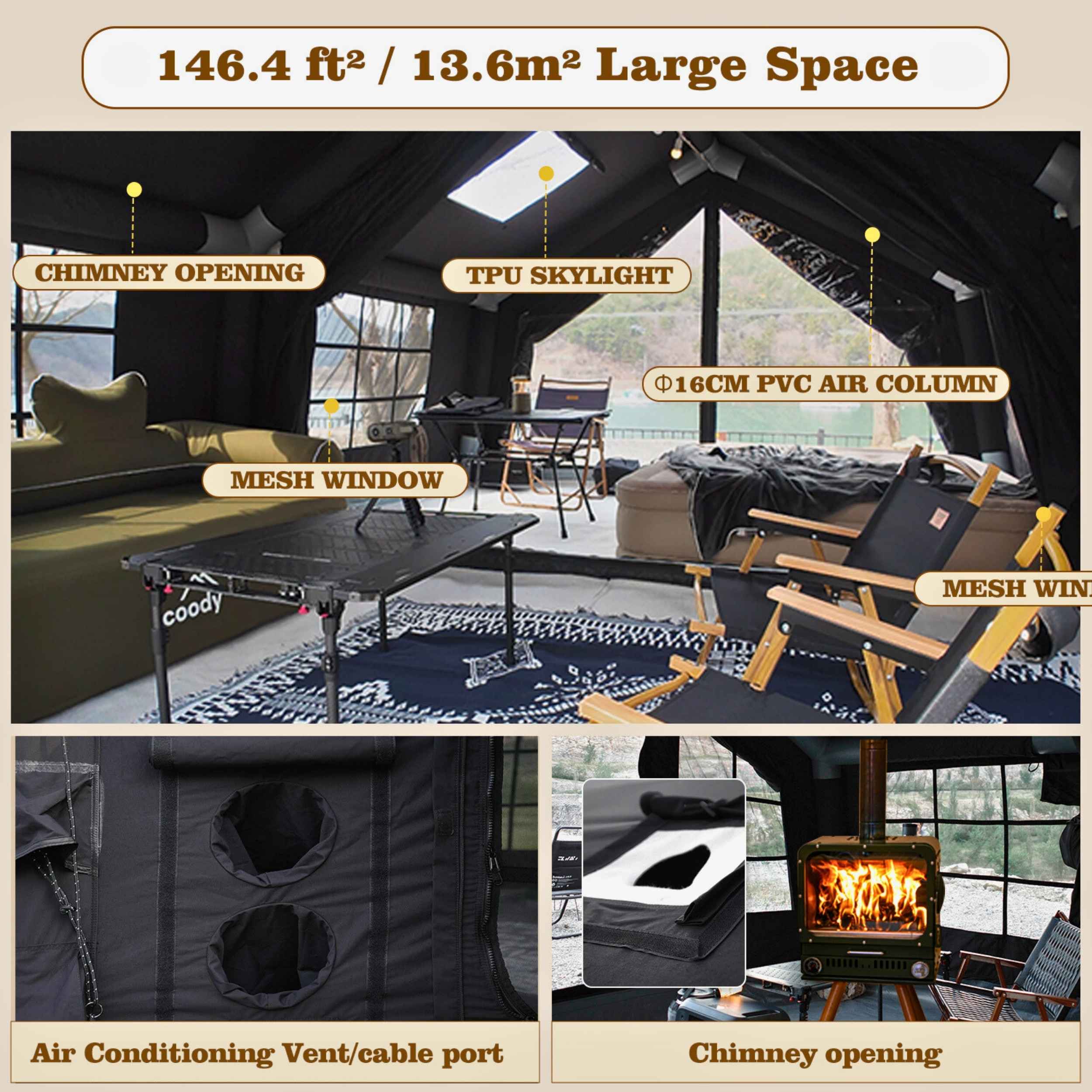 Coody Familia AirTent 13.6 Black Inflatable Tent House for Camping (2-8 Person) - Image 4