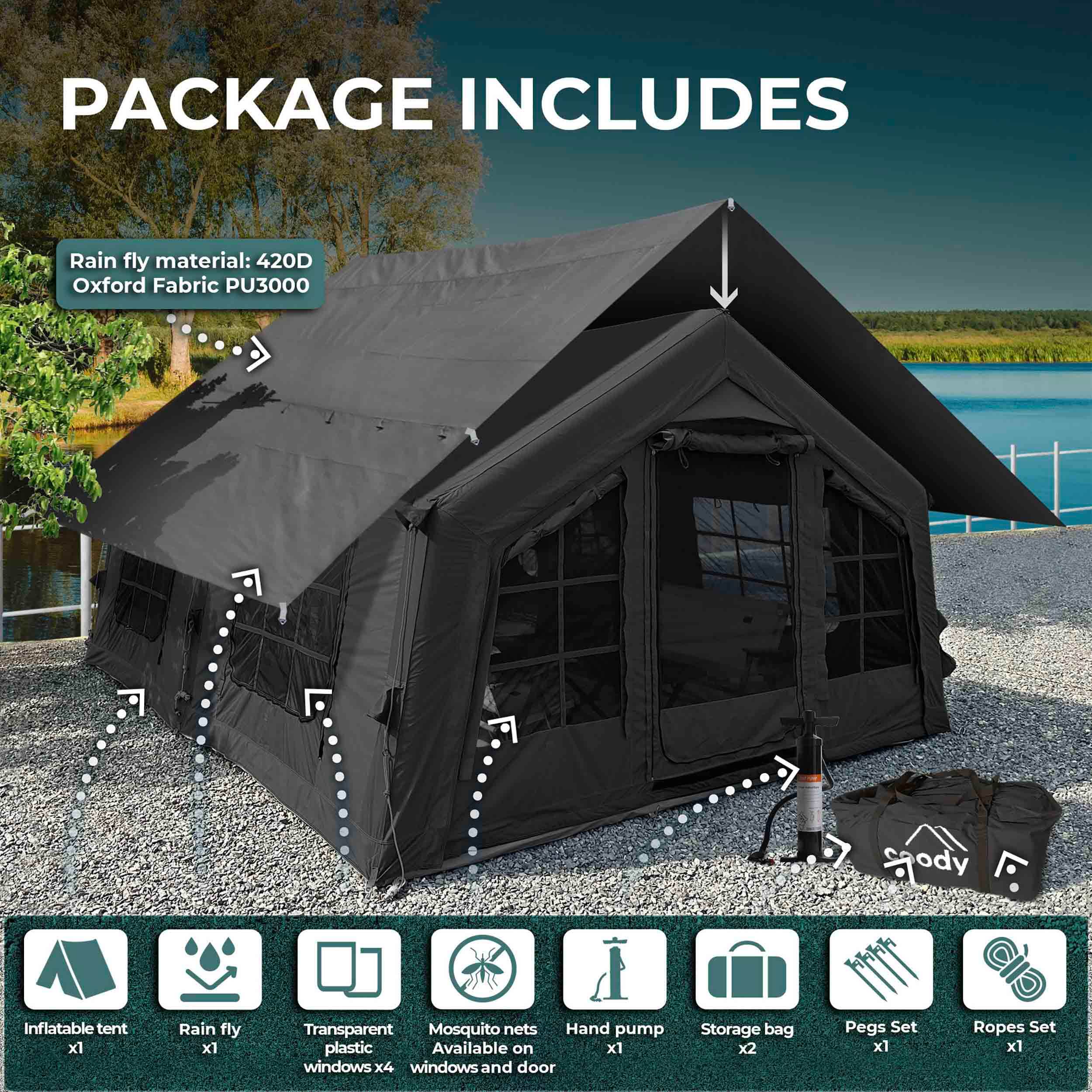 Coody Familia AirTent 13.6 Black Inflatable Tent House for Camping (2-8 Person) - Image 6
