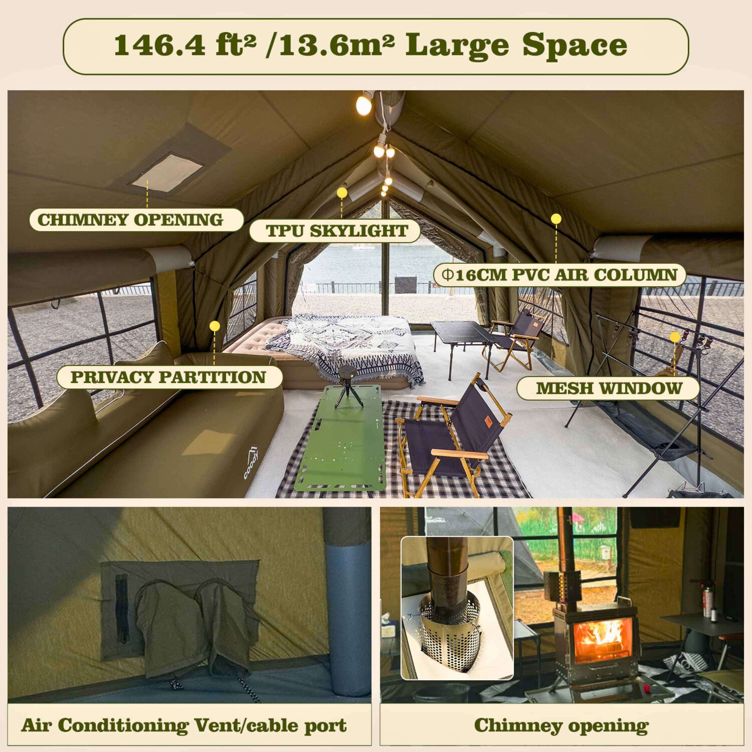 Coody Familia AirTent 13.6 Forest Green Inflatable Tent House for Camping (2-8 Person) - Image 4