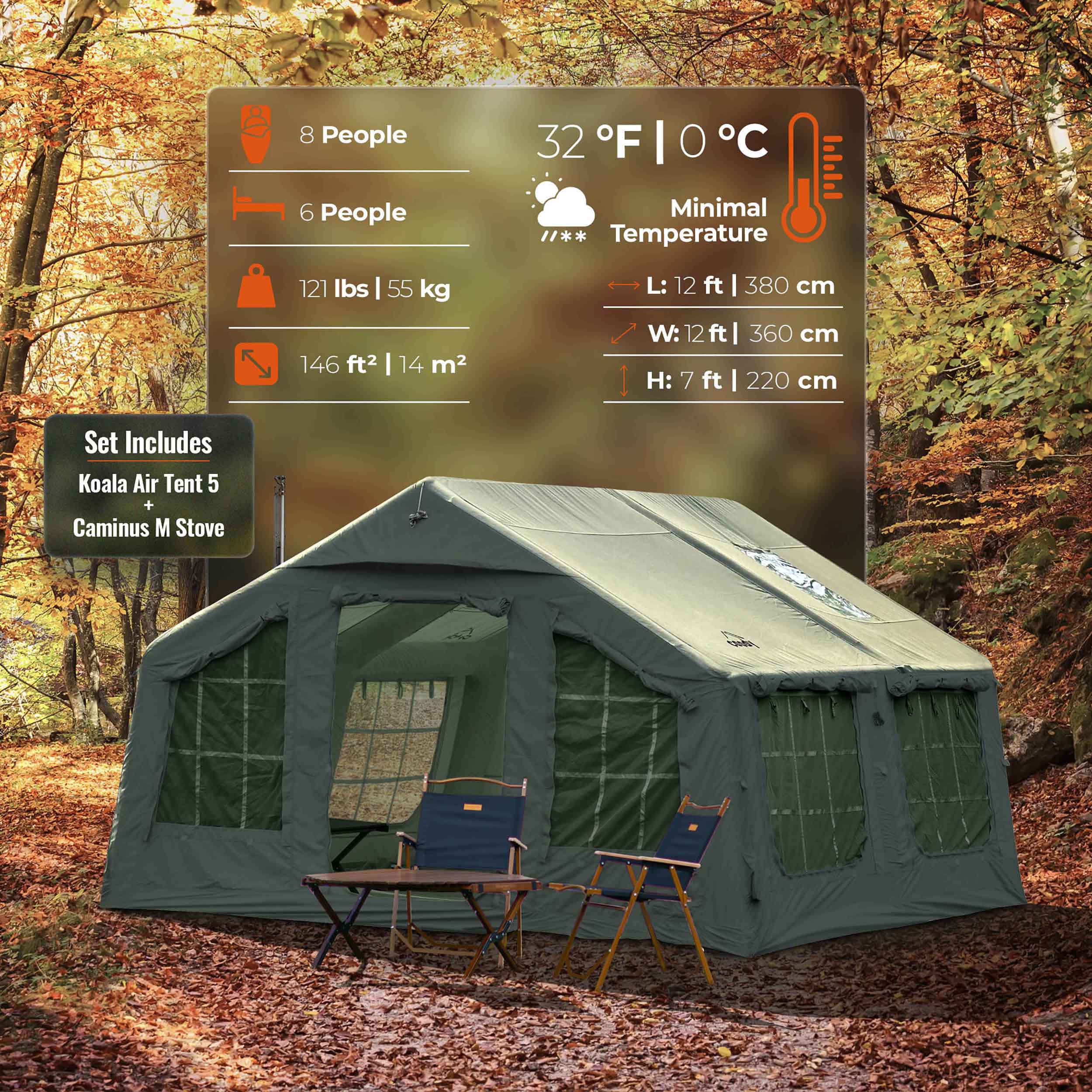 Coody Familia AirTent 13.6 Forest Green (2-10 Person)+RBM Wood Stove Caminus M - Image 5