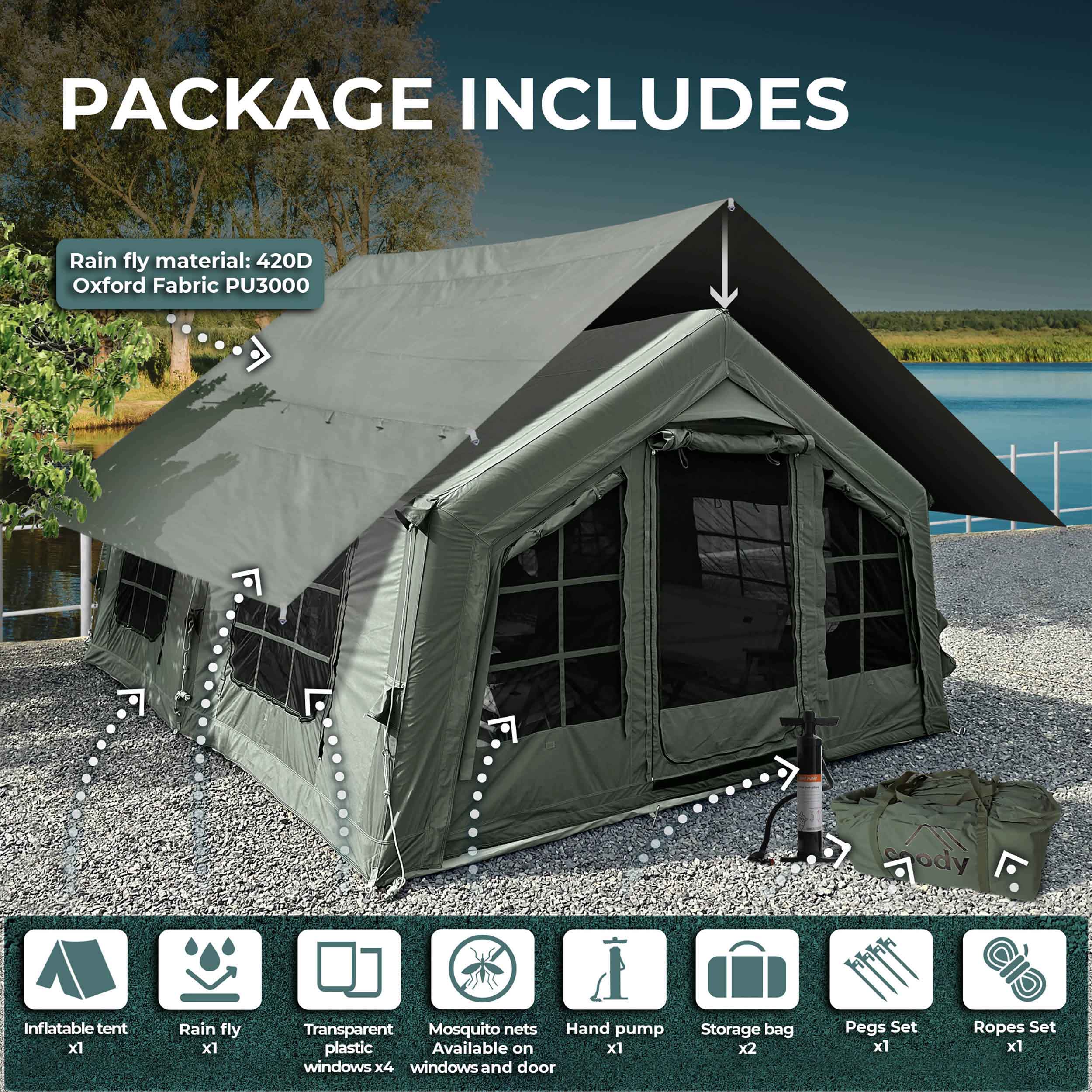 Coody Familia AirTent 13.6 Forest Green (2-10 Person)+RBM Wood Stove Caminus M - Image 6