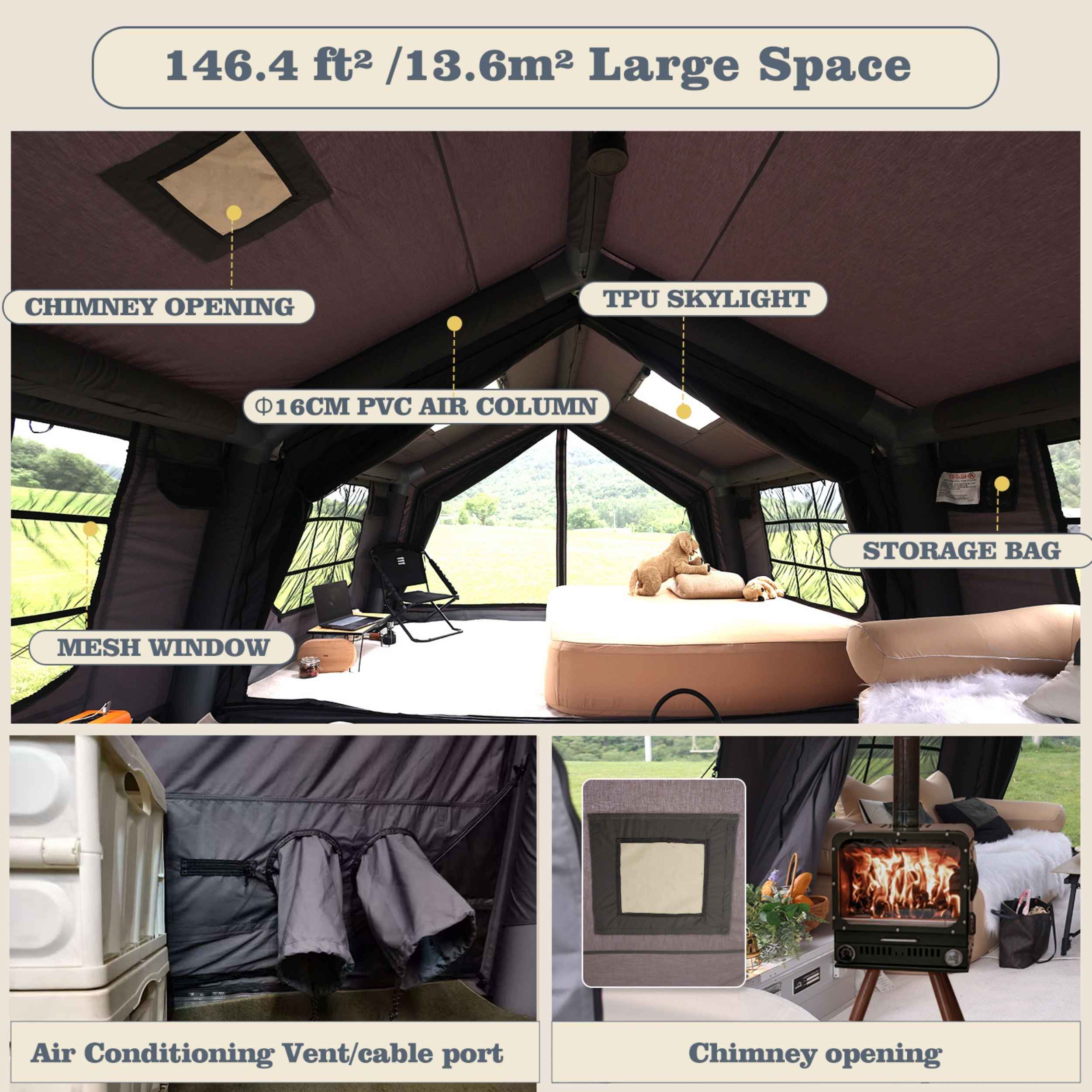 Coody Familia AirTent 13.6 Gray Inflatable Tent House for Camping (2-8 Person) - Image 4