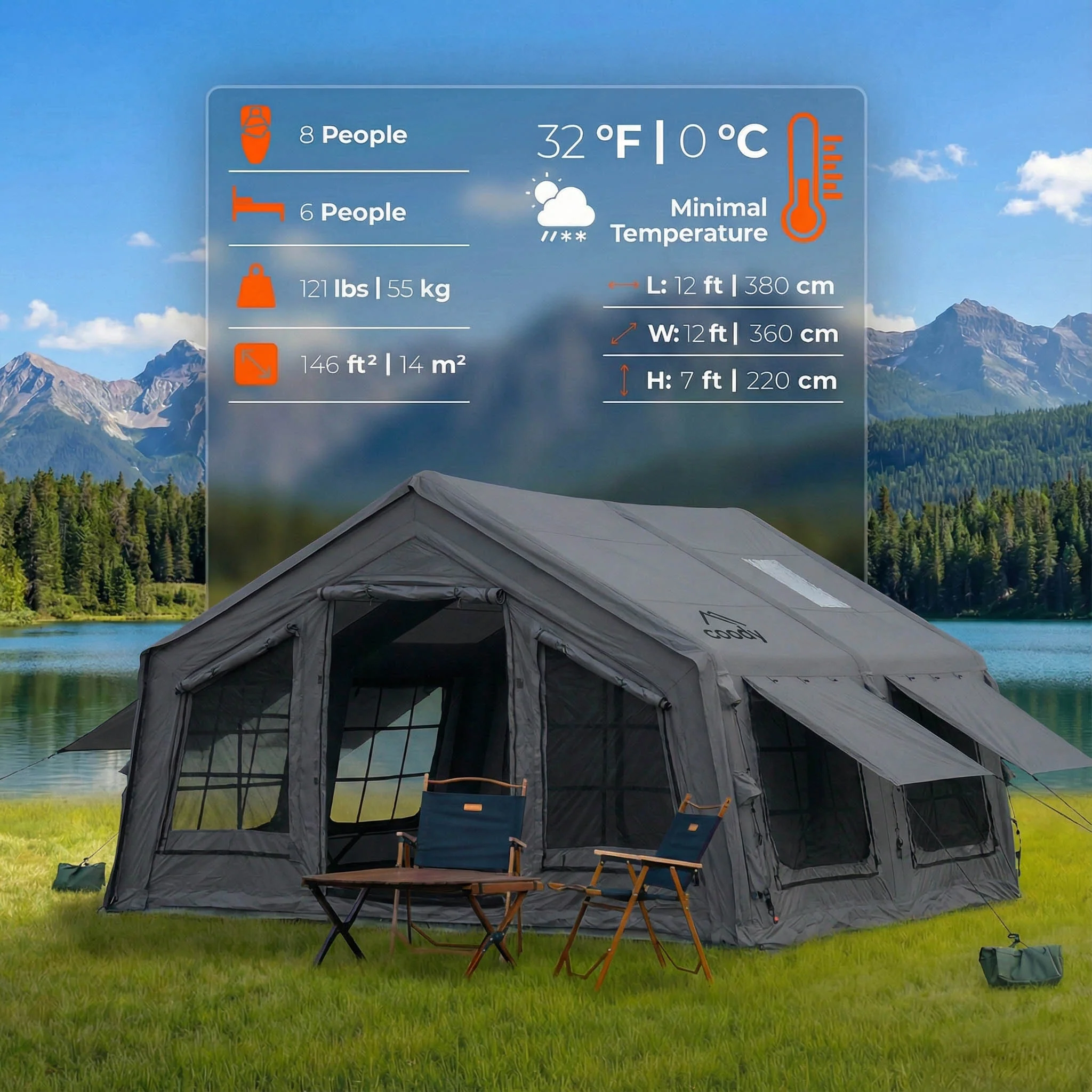 Coody Familia AirTent 13.6 Gray Inflatable Tent House for Camping (2-8 Person) - Image 5