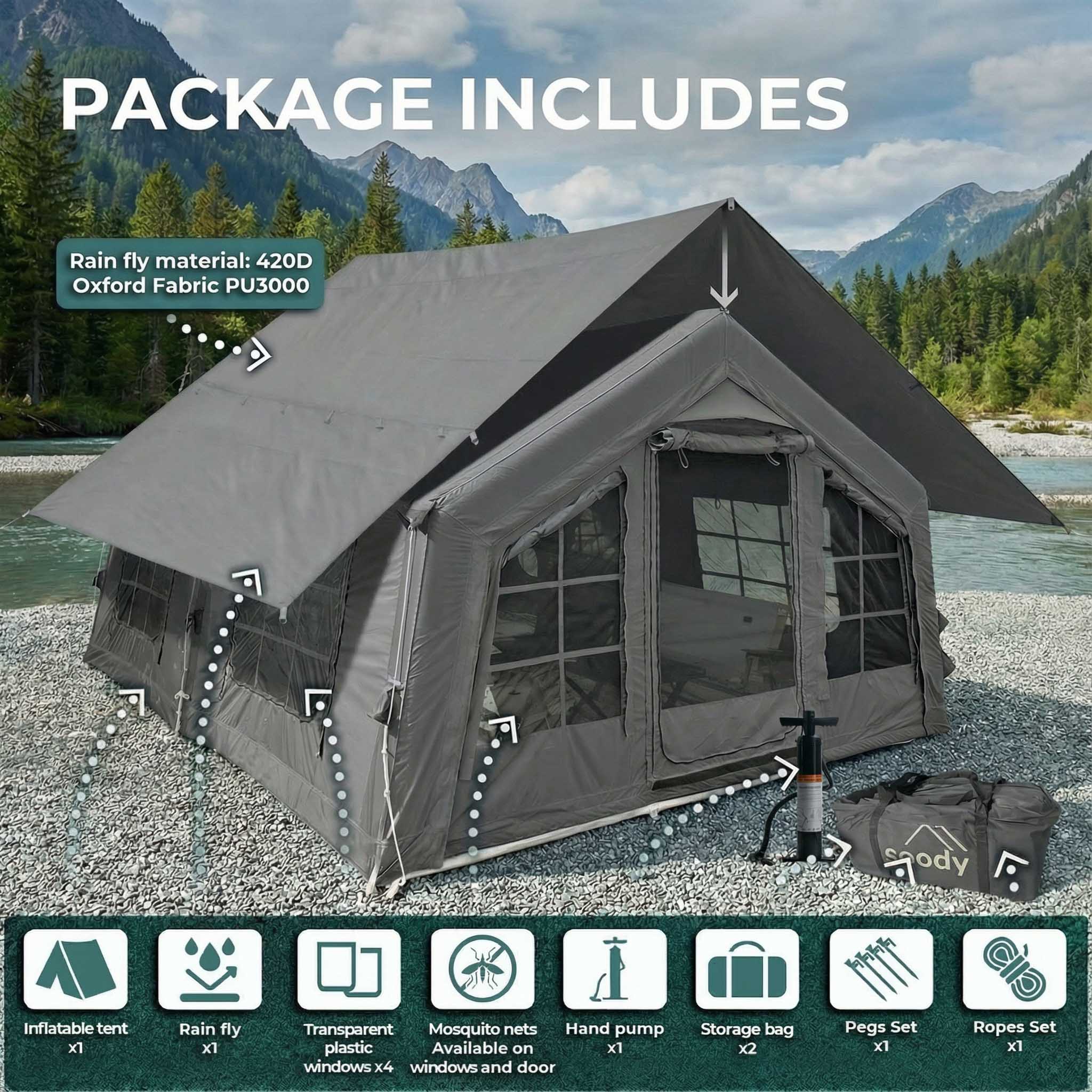 Coody Familia AirTent 13.6 Gray Inflatable Tent House for Camping (2-8 Person) - Image 6