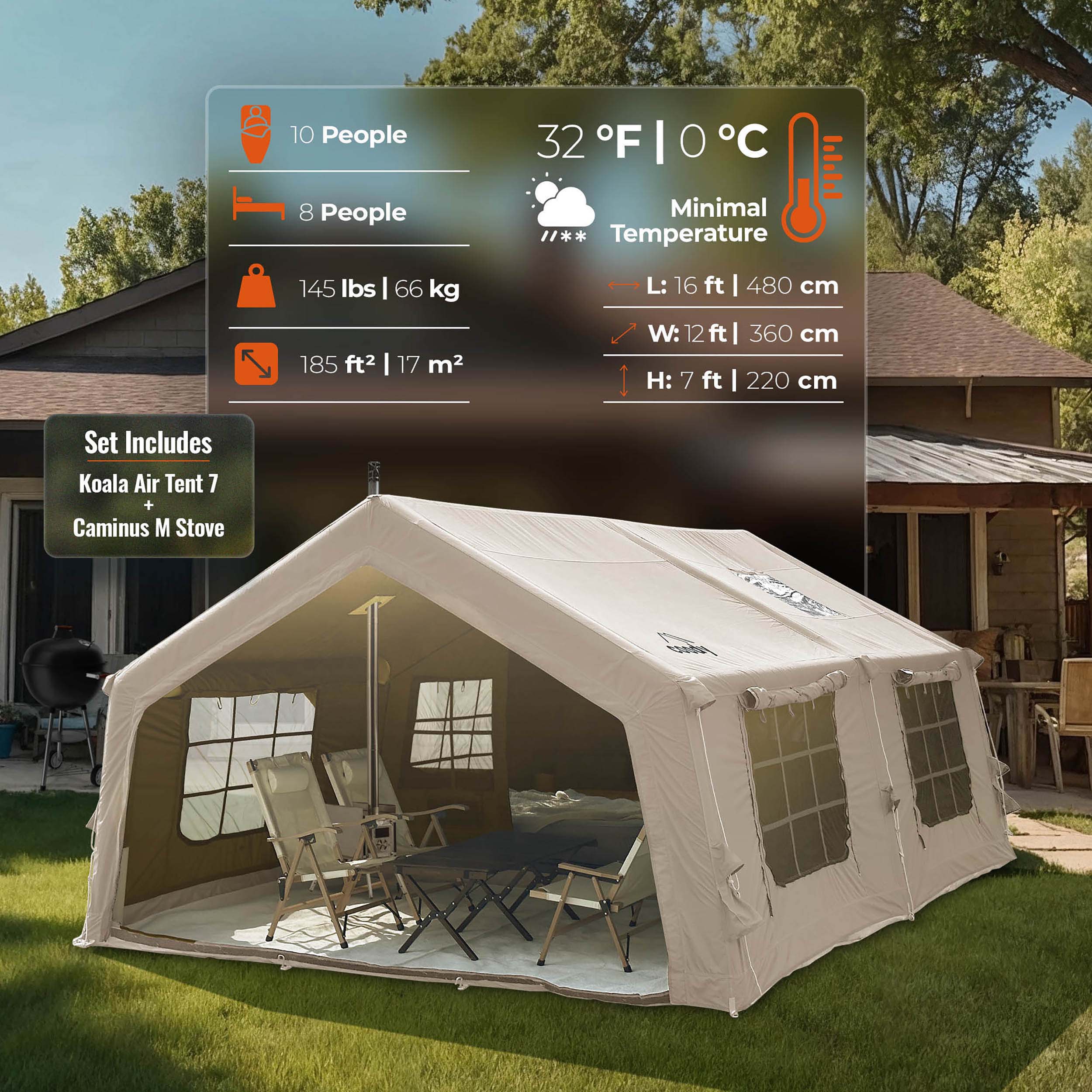 Coody Familia AirTent 17.2 Beige (2-10 Person)+ RBM Wood Stove Caminus M - Image 5