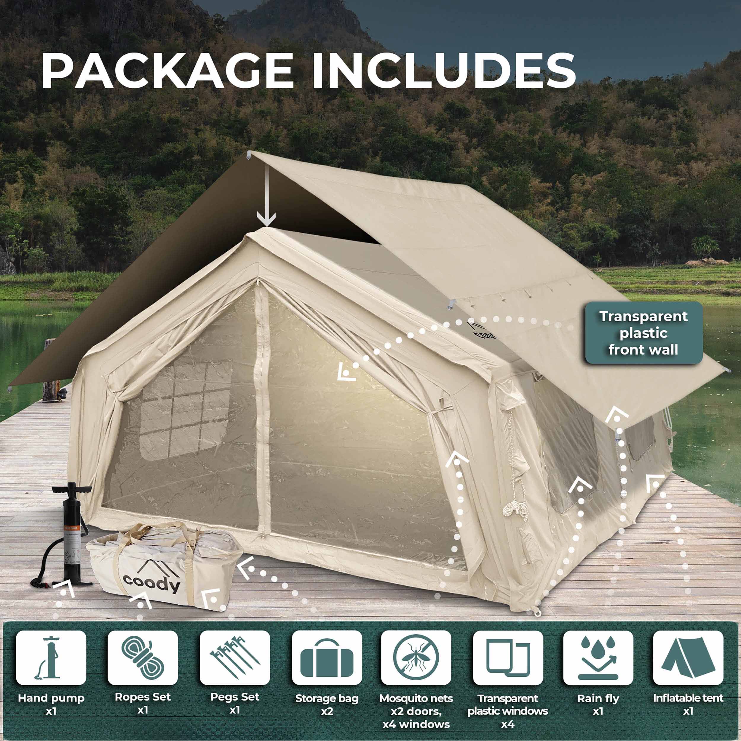 Coody Familia AirTent 17.2 Beige (2-10 Person)+ RBM Wood Stove Caminus M - Image 6