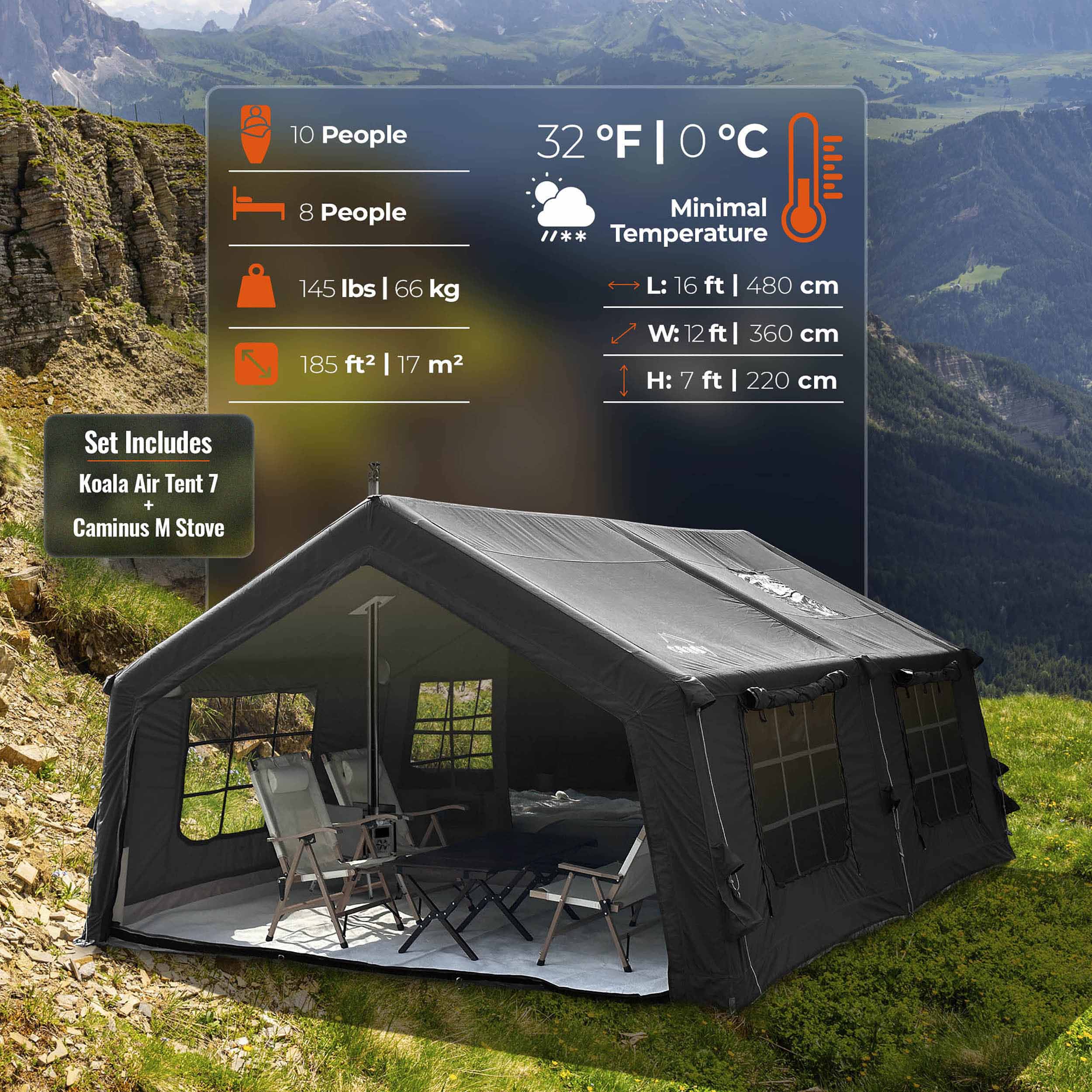 Coody Familia AirTent 17.2 Black (2-10 Person) + RBM Wood Stove Caminus M - Image 5