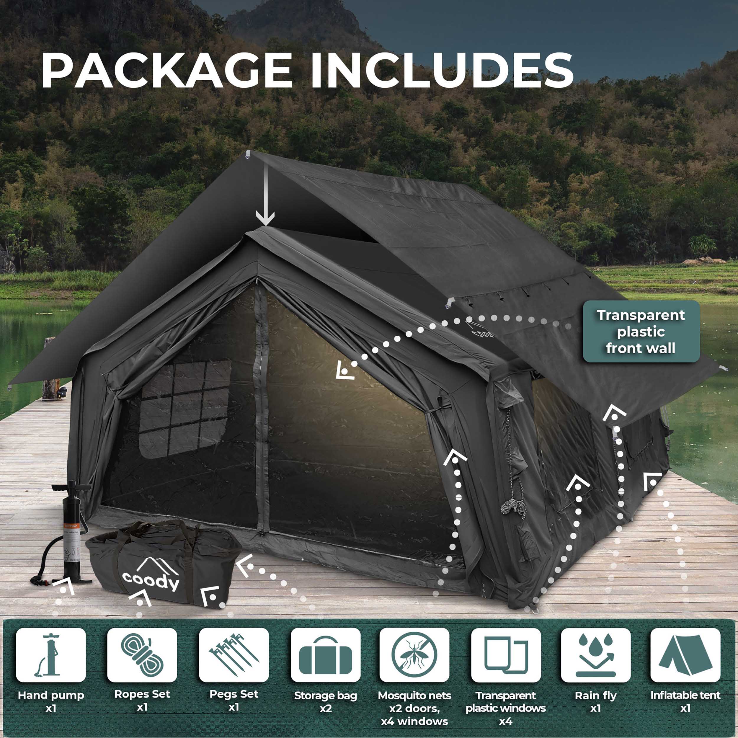 Coody Familia AirTent 17.2 Black (2-10 Person) + RBM Wood Stove Caminus M - Image 6