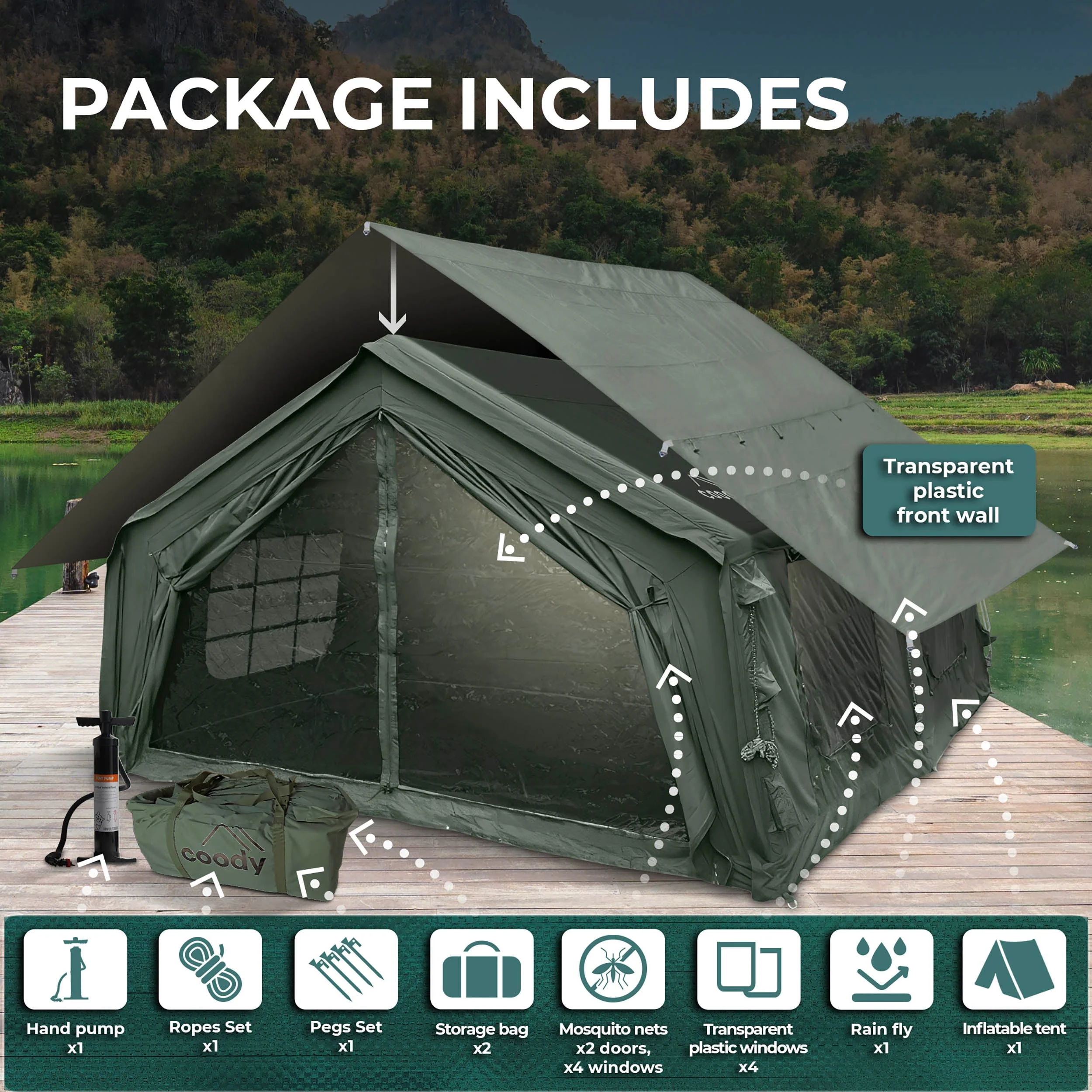Coody Familia AirTent 17.2 Forest Green (2-10 Person)+ RBM Wood Stove Caminus M - Image 5