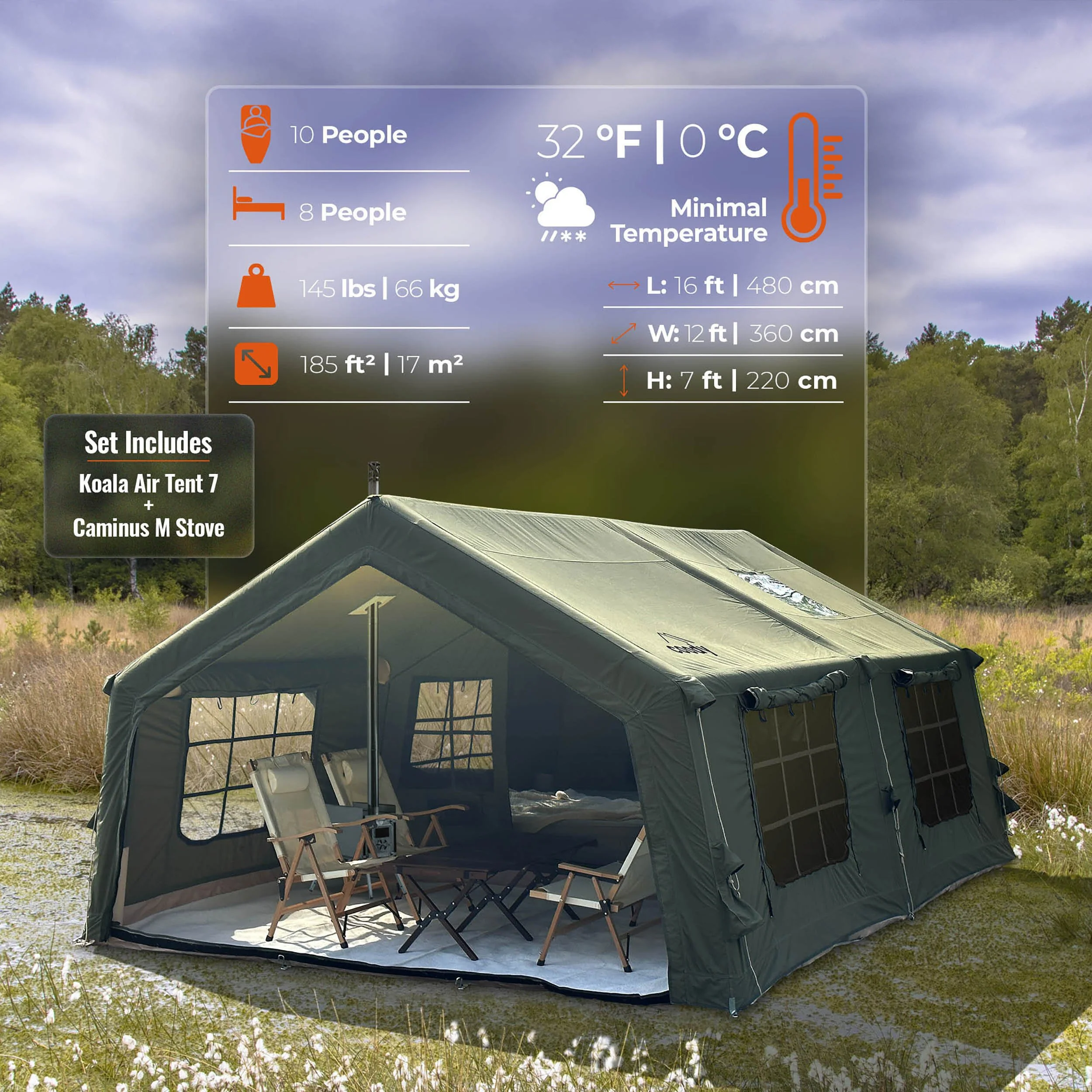 Coody Familia AirTent 17.2 Forest Green (2-10 Person)+ RBM Wood Stove Caminus M - Image 6