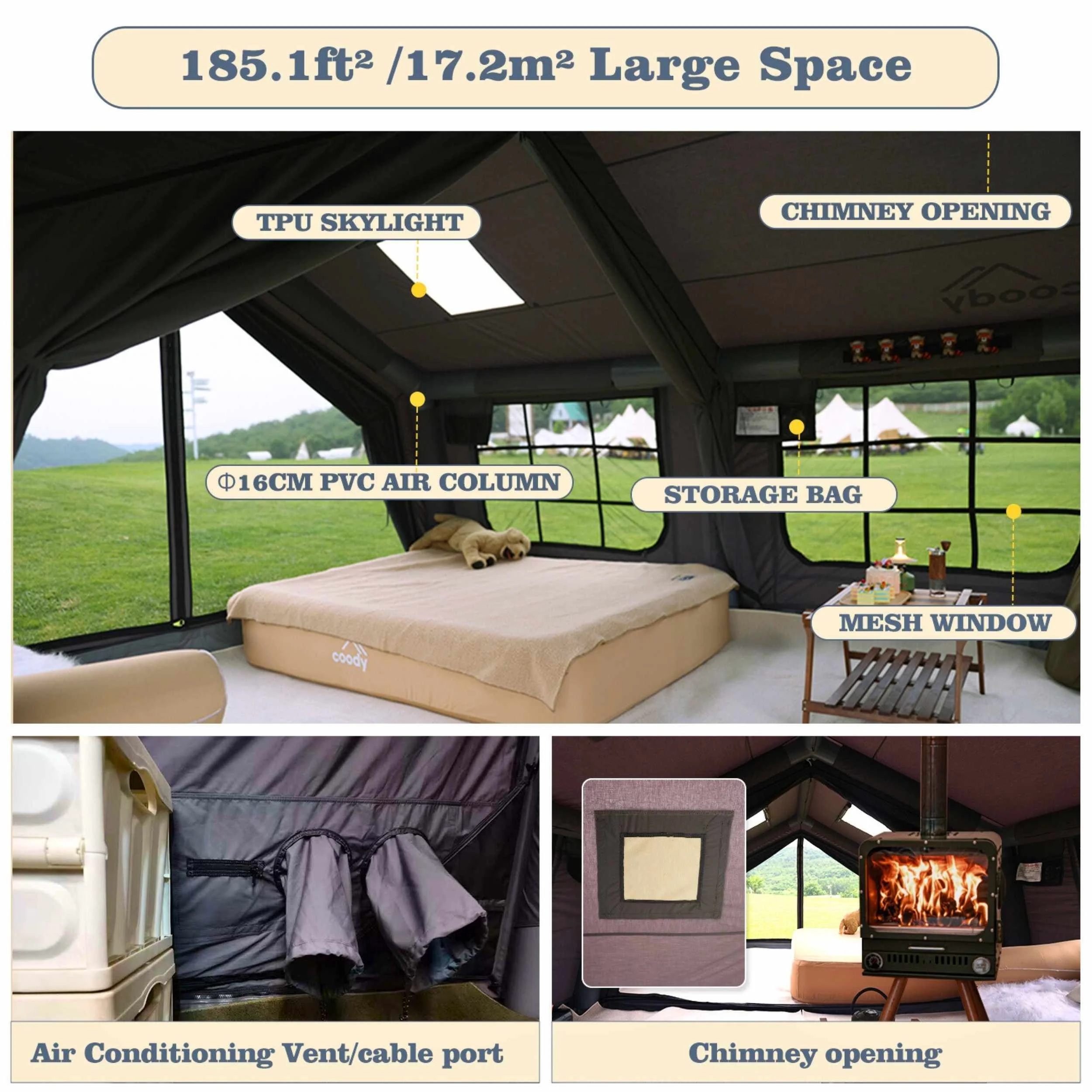 Coody Familia AirTent 17.2 Gray Inflatable Tent House for Camping (2-10 Person) - Image 4