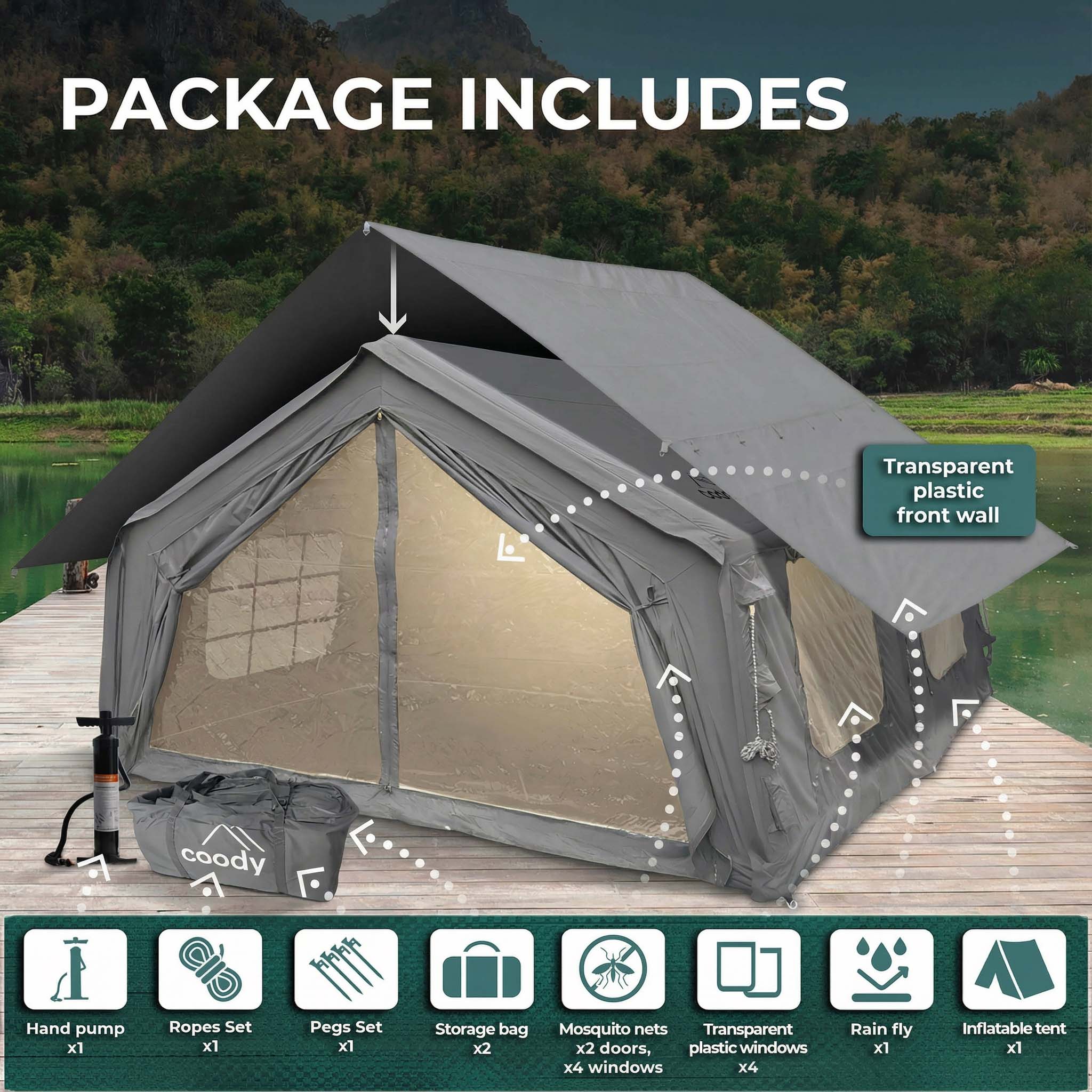 Coody Familia AirTent 17.2 Gray Inflatable Tent House for Camping (2-10 Person) - Image 6