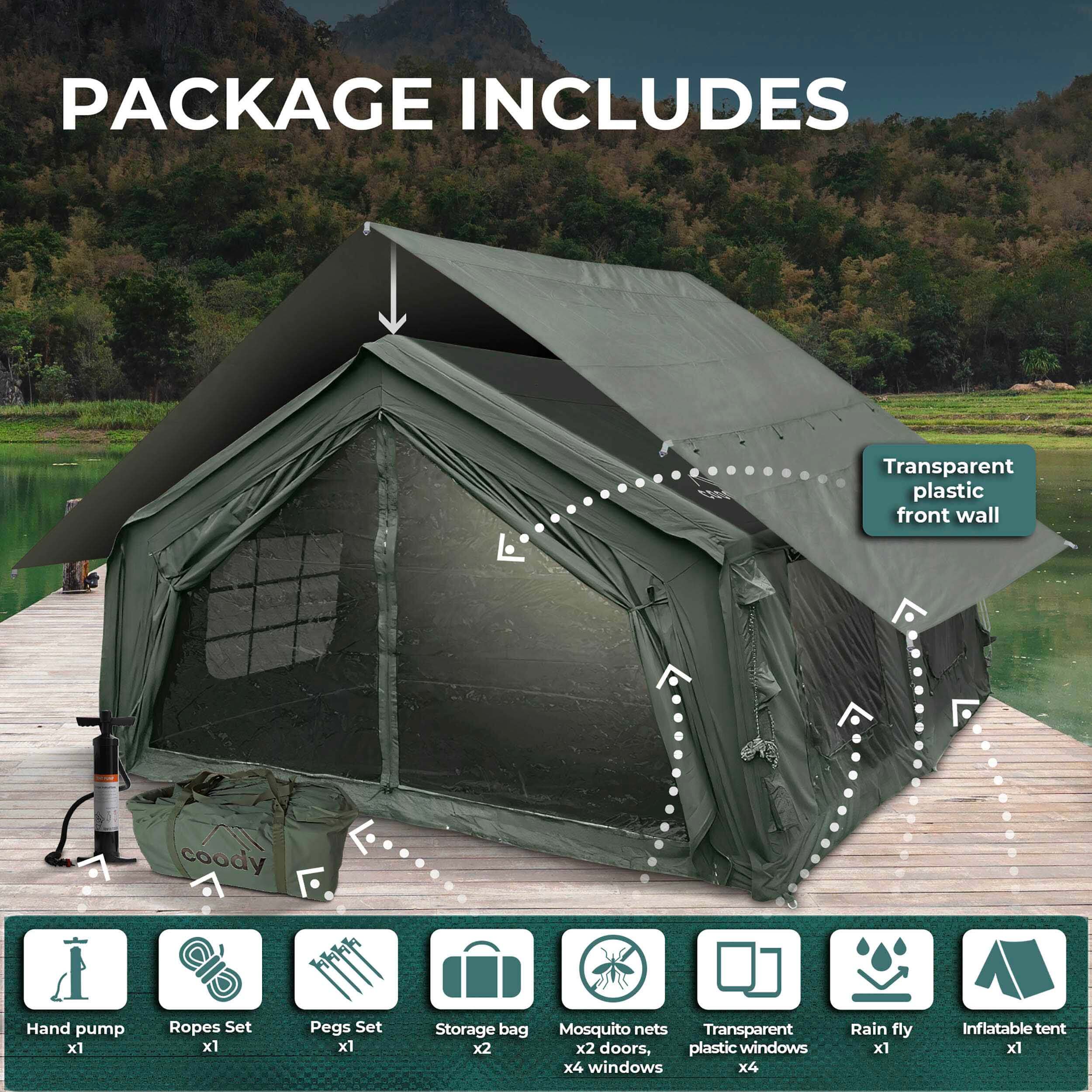 Coody Familia AirTent 17.2 Forest Green Inflatable Tent House for Camping (2-10 Person) - Image 6