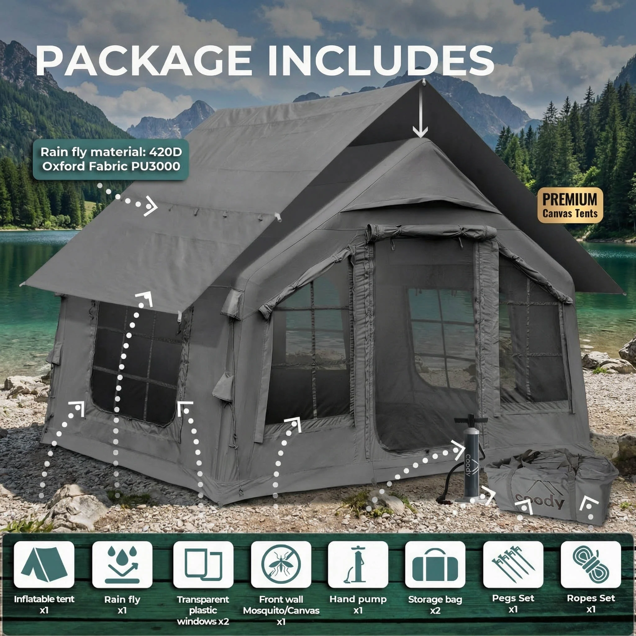 Coody 8.0 Air Tent Gray - Inflatable Tent House for Camping (1-4 Person) - Image 4