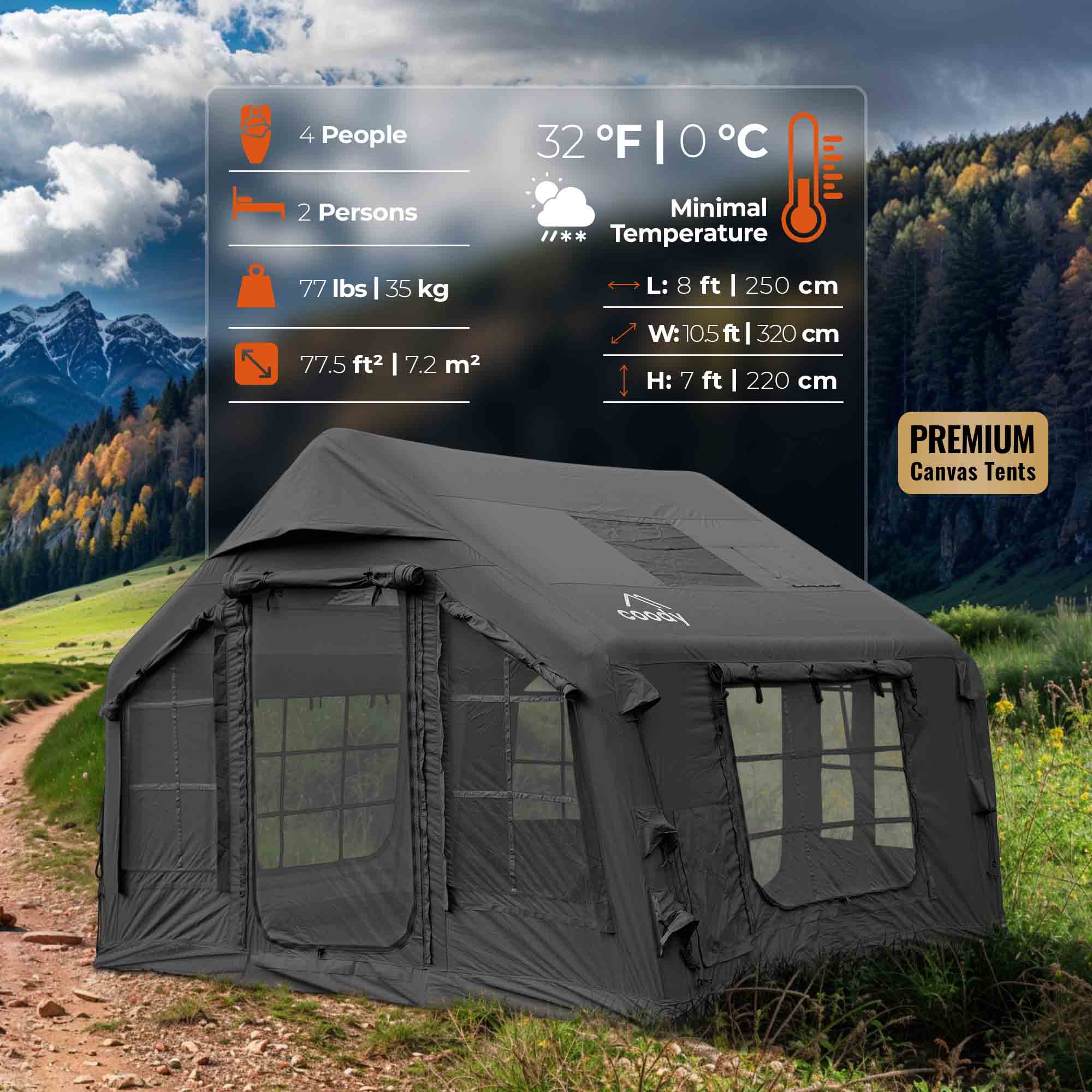 Coody 8.0 Air Tent Black - Inflatable Tent House for Camping (1-4 Person) - Image 3