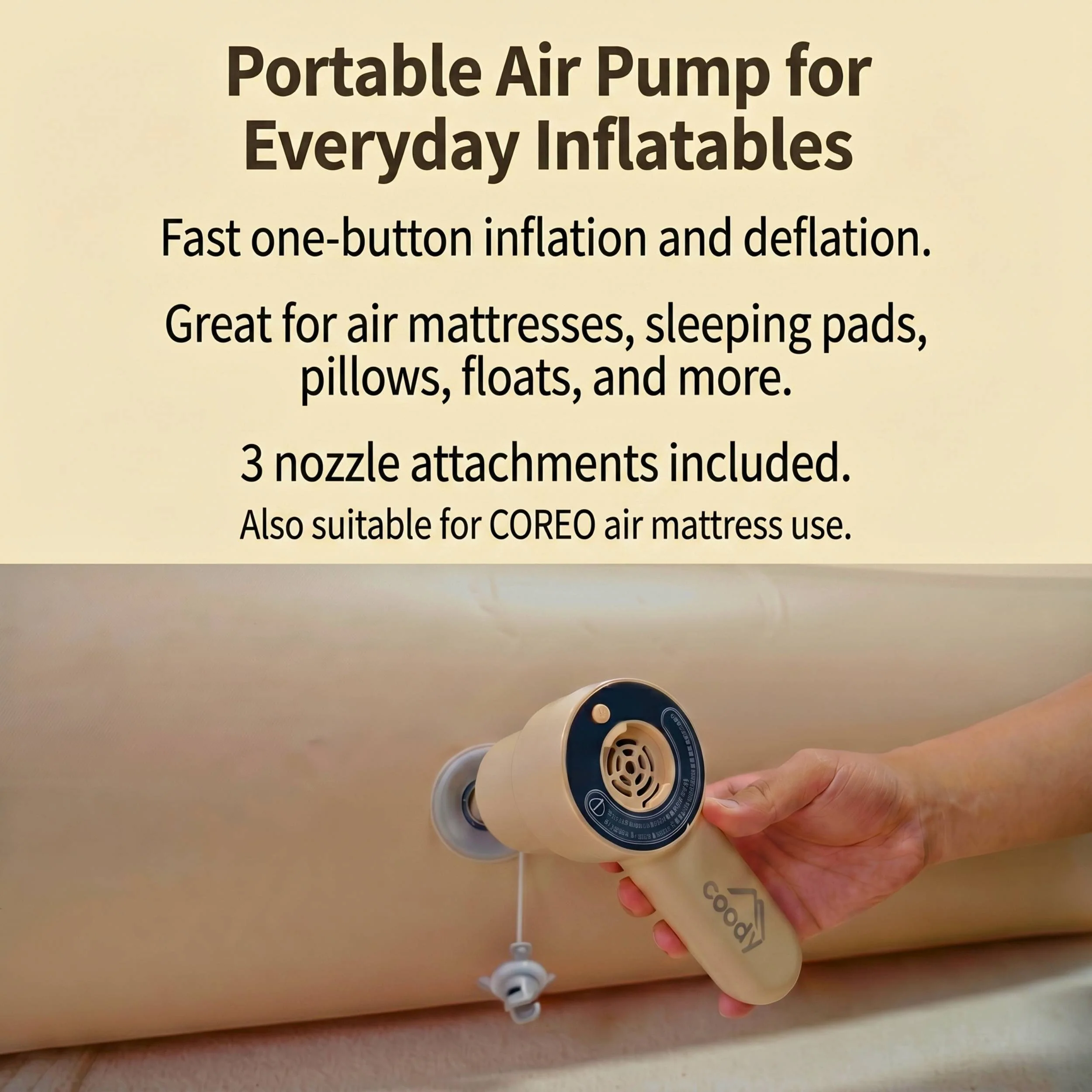Coody Air Pump GR-119P, Portable Air Pump for Coreo Air Mattress, 3 Nozzles, Up to 2 PSI - Image 3