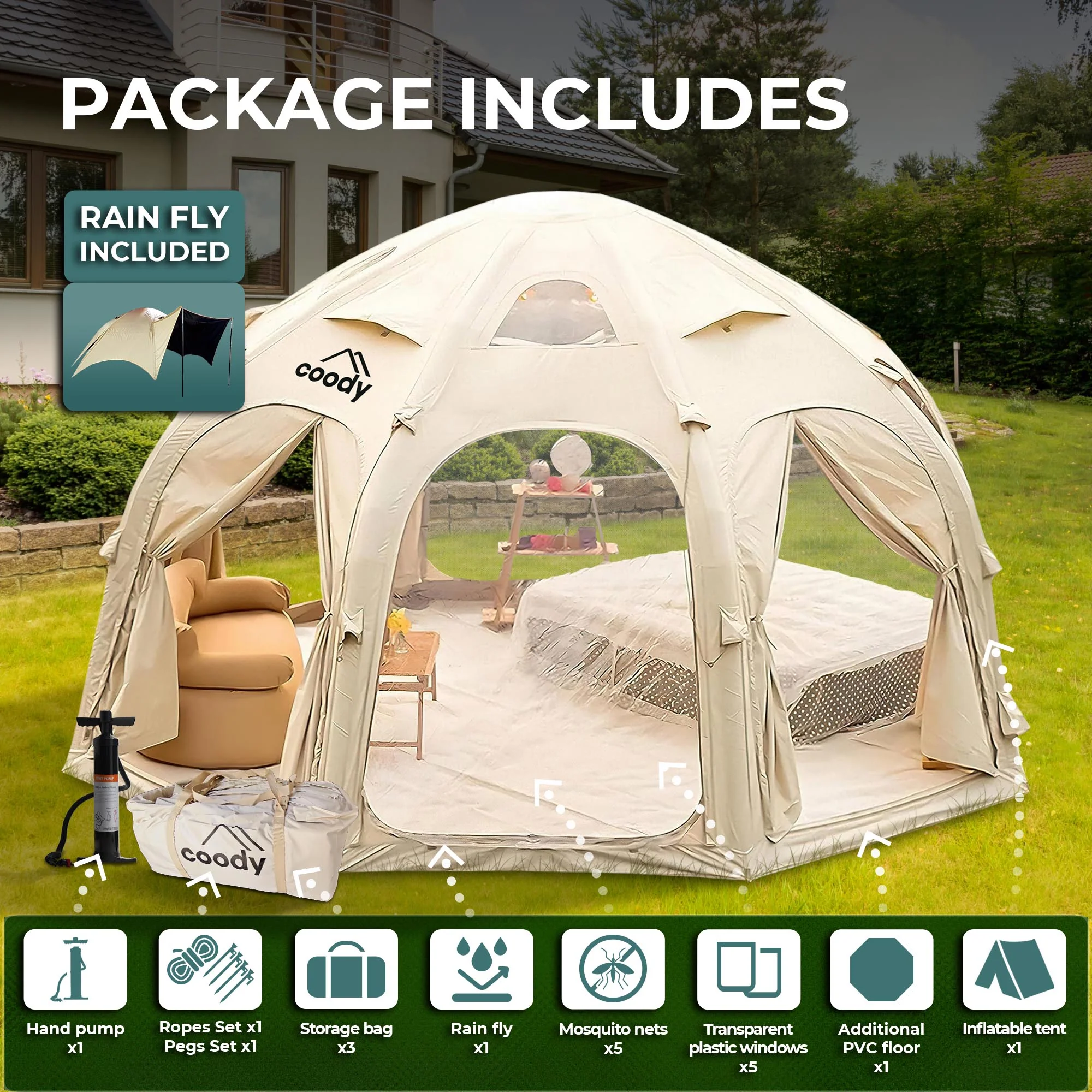 Coody Aurora Dome Beige (2-4 Person)+Carpet(Beige)+Electric Pump - Image 4