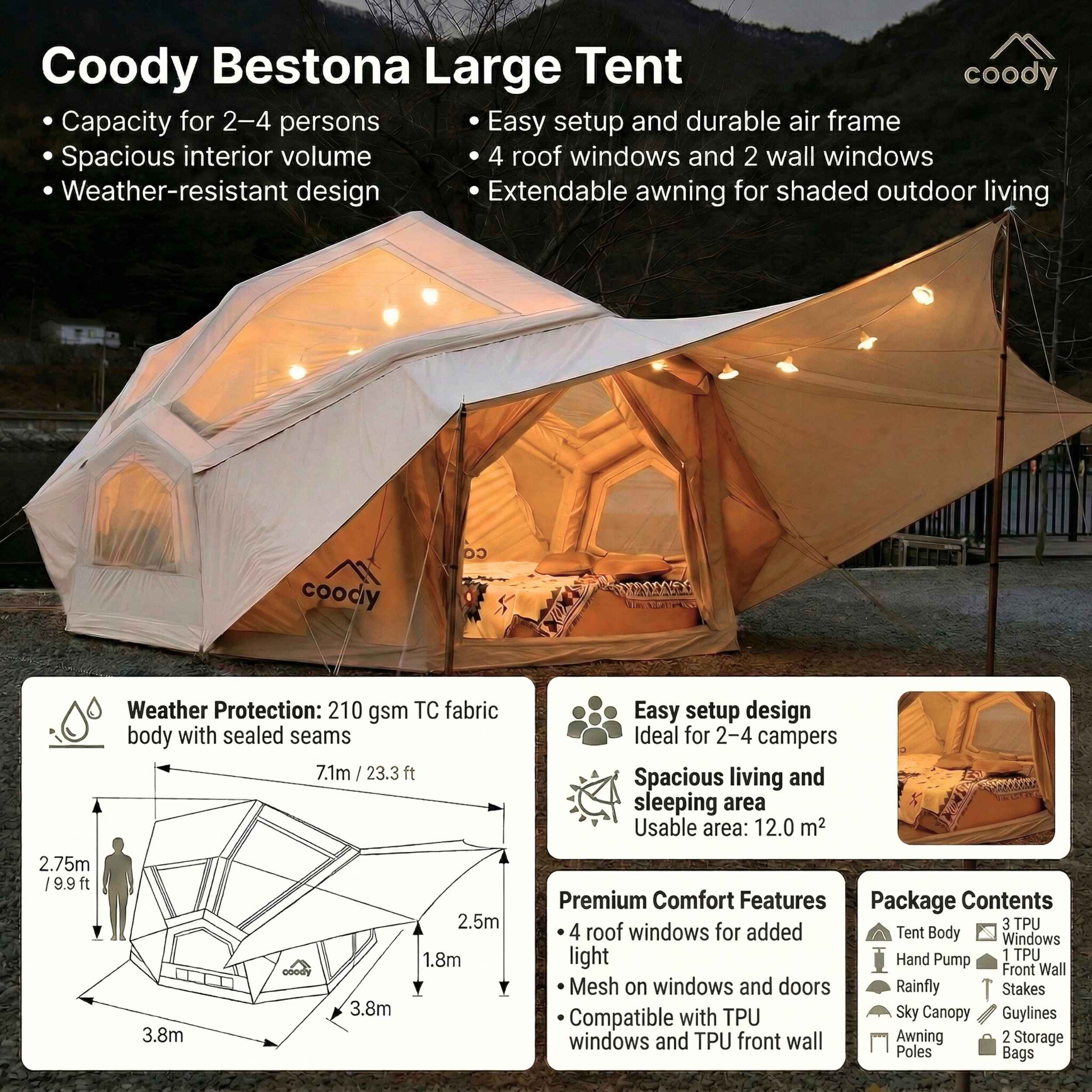 Coody Bestona Beige Inflatable Tent for Camping (2-4 person) - Image 5