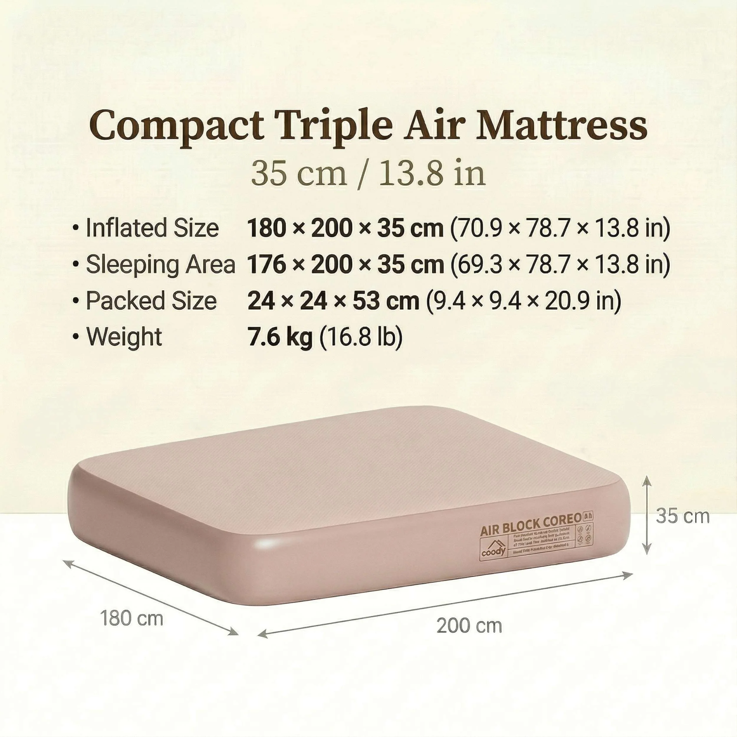 Coody Coreo Air Mattress King (180 × 200 × 35 cm) – Structured Air Block Inflatable Bed, Compact Pack Design - Image 3