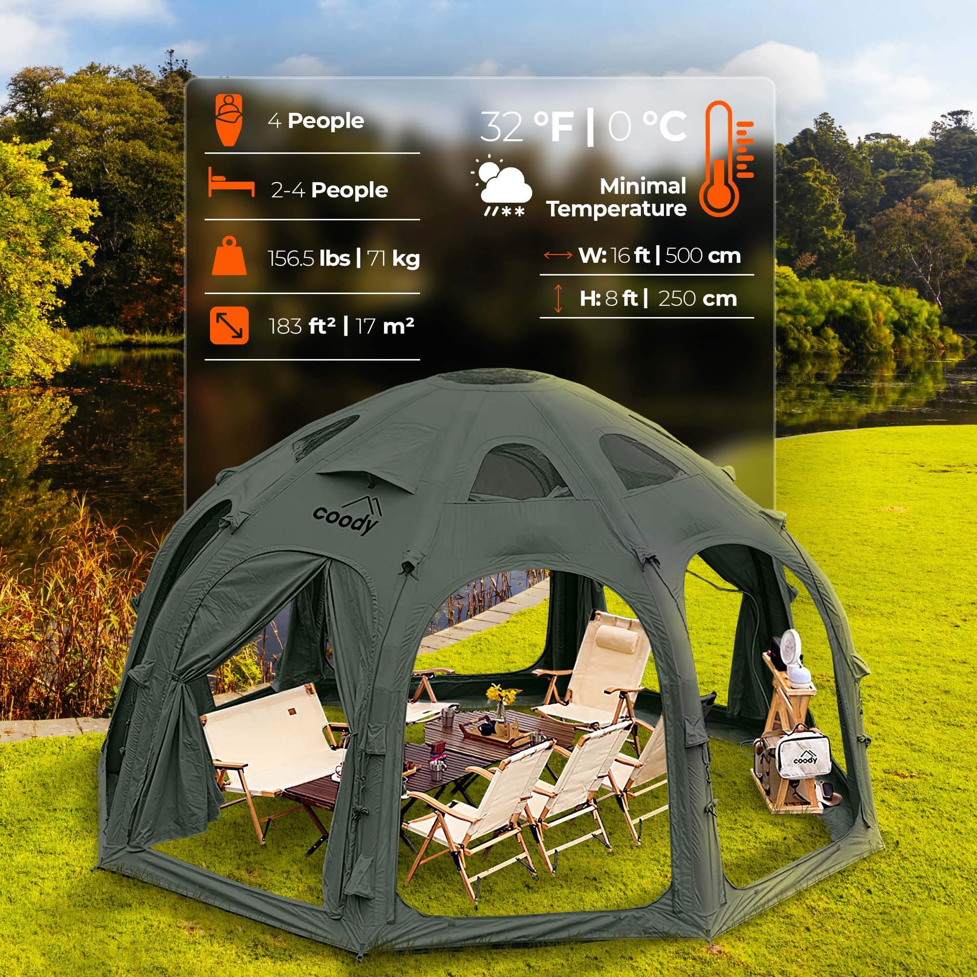 Coody Aurora Dome Forest Green Inflatable Shelter for Outdoors (2-4 person) - Image 3