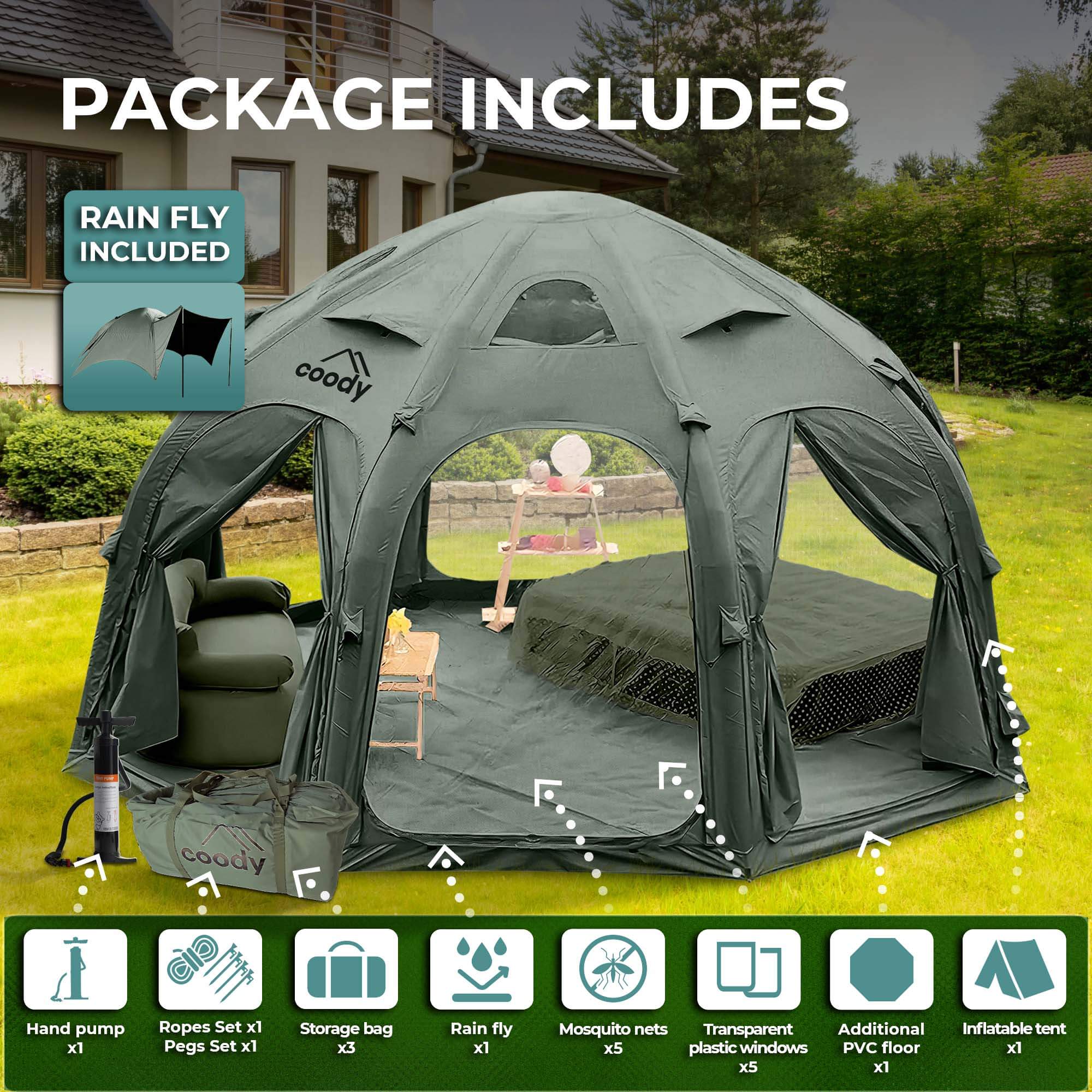 Coody Aurora Dome Forest Green Inflatable Shelter for Outdoors (2-4 person) - Image 4