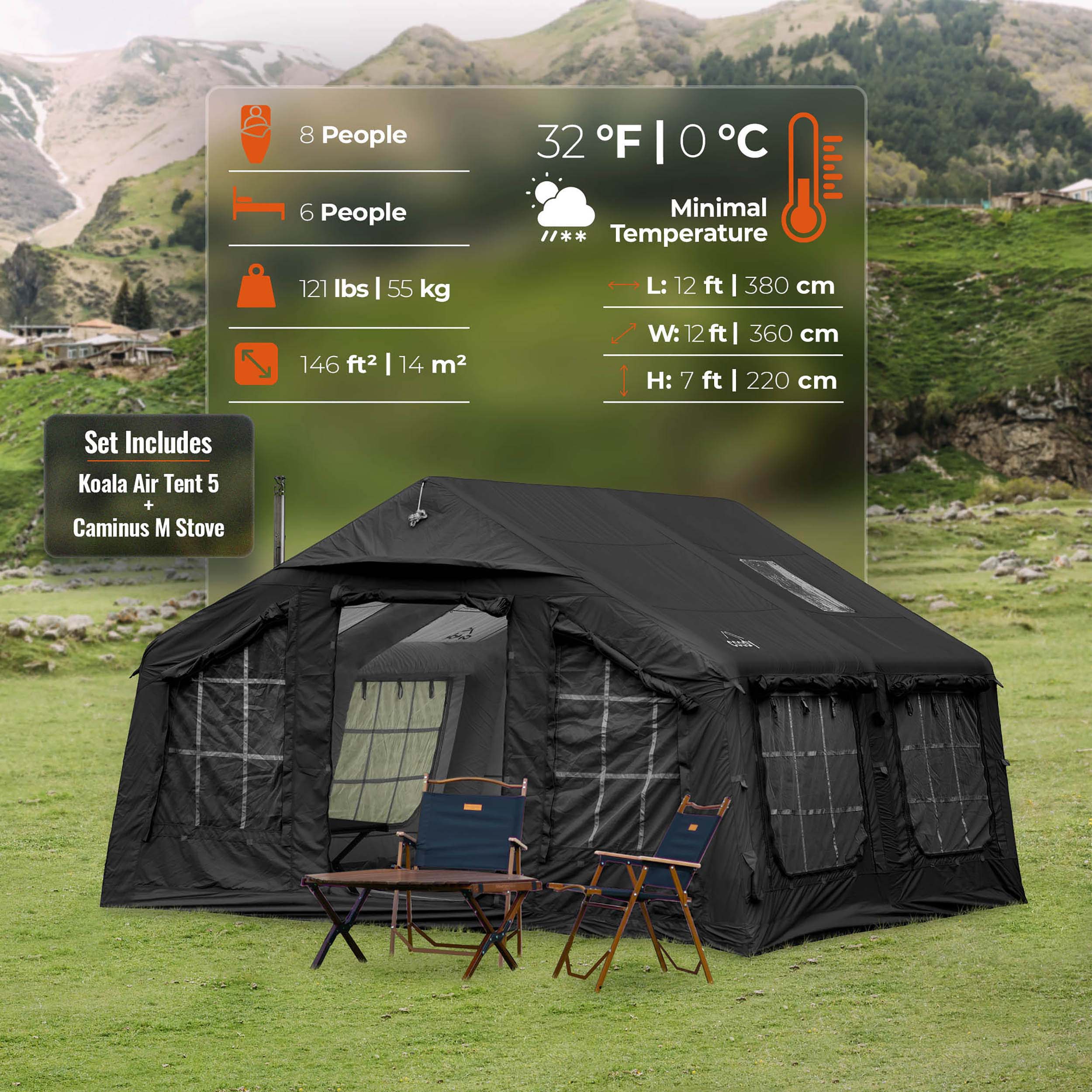 Coody Familia AirTent 13.6 Black (2-8 Person) + RBM Wood Stove Caminus M - Image 5