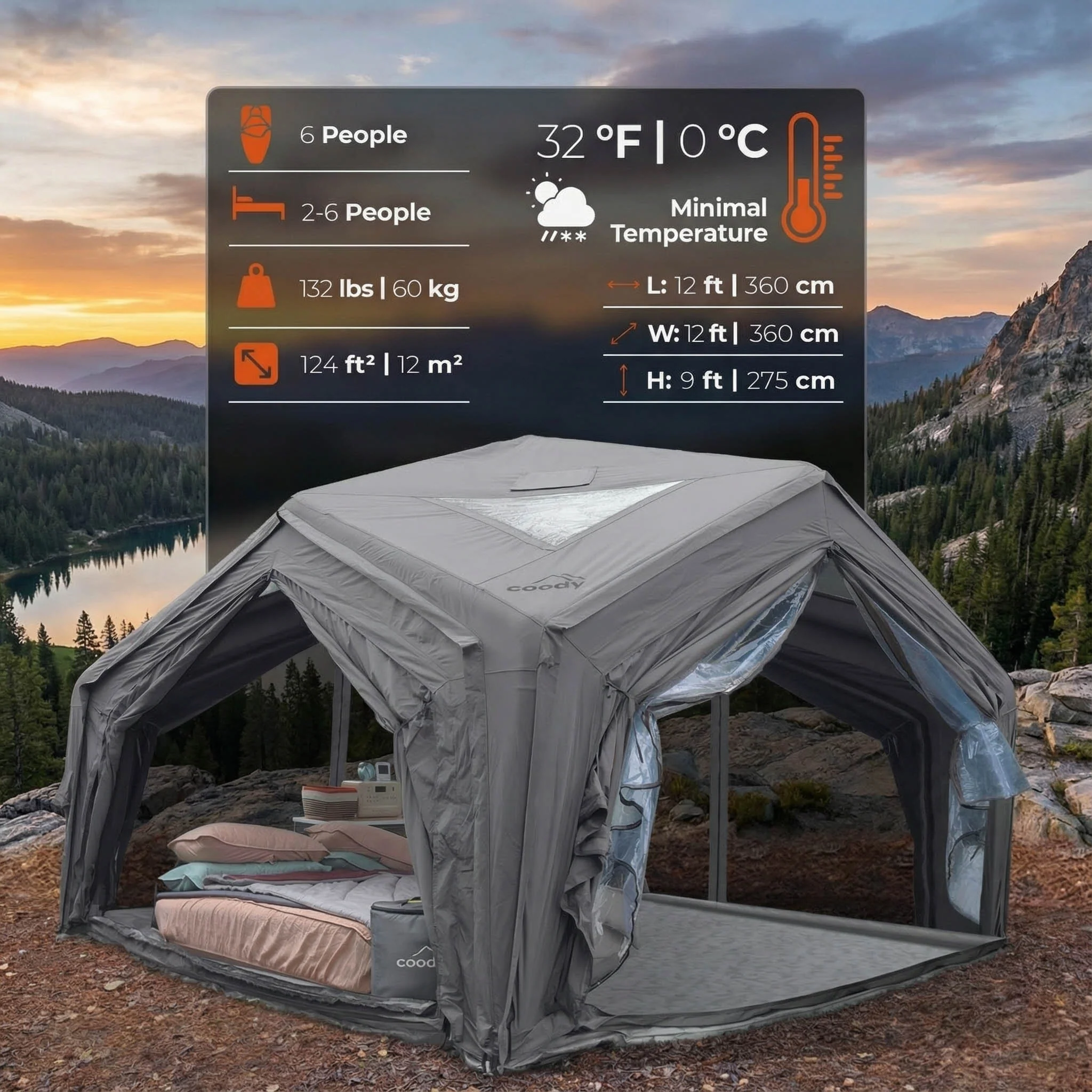 Coody Air Tent Hub Shelter Gray Inflatable Tents for Camping (2-6 Person) - Image 3