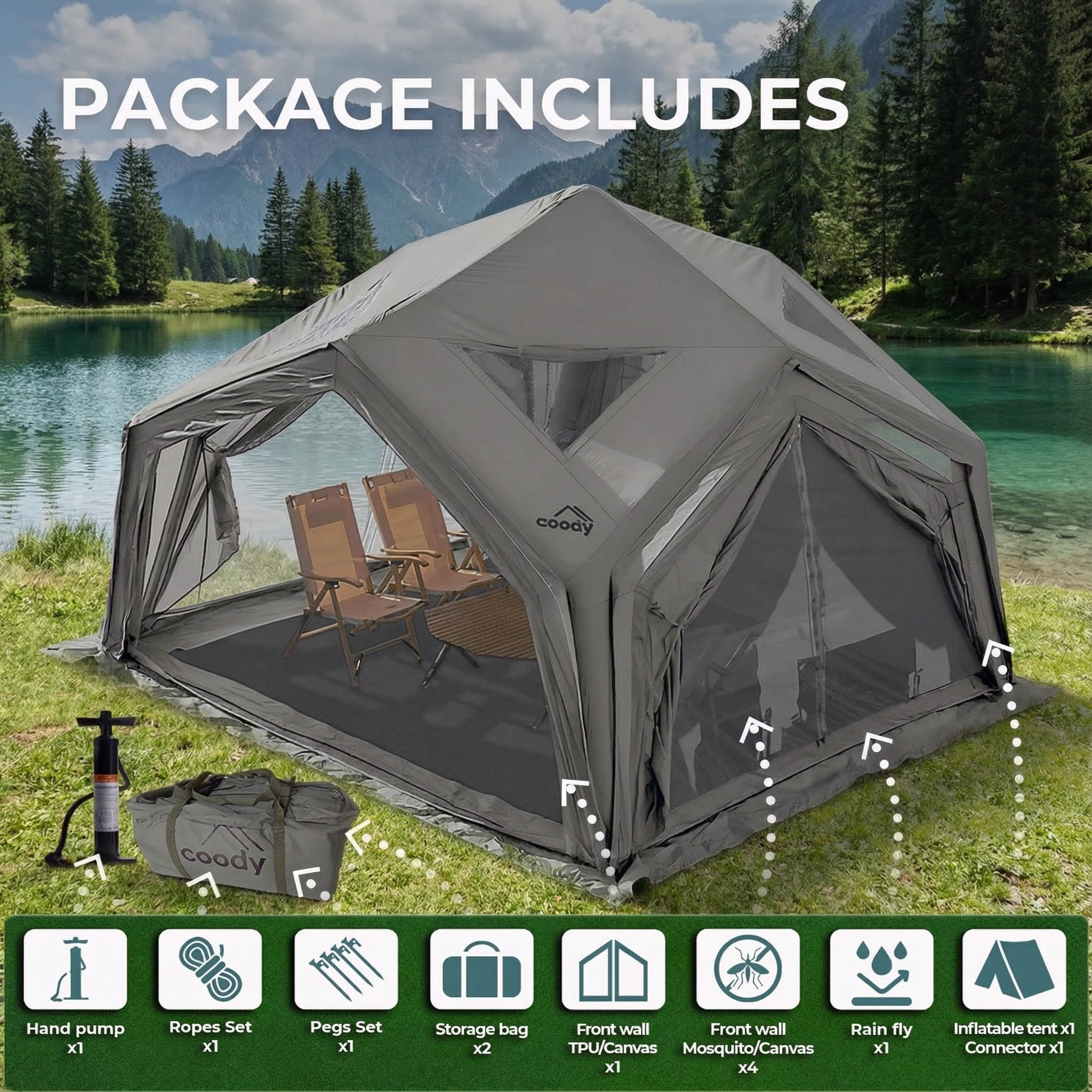 Coody Air Tent Hub Shelter Gray Inflatable Tents for Camping (2-6 Person) - Image 4