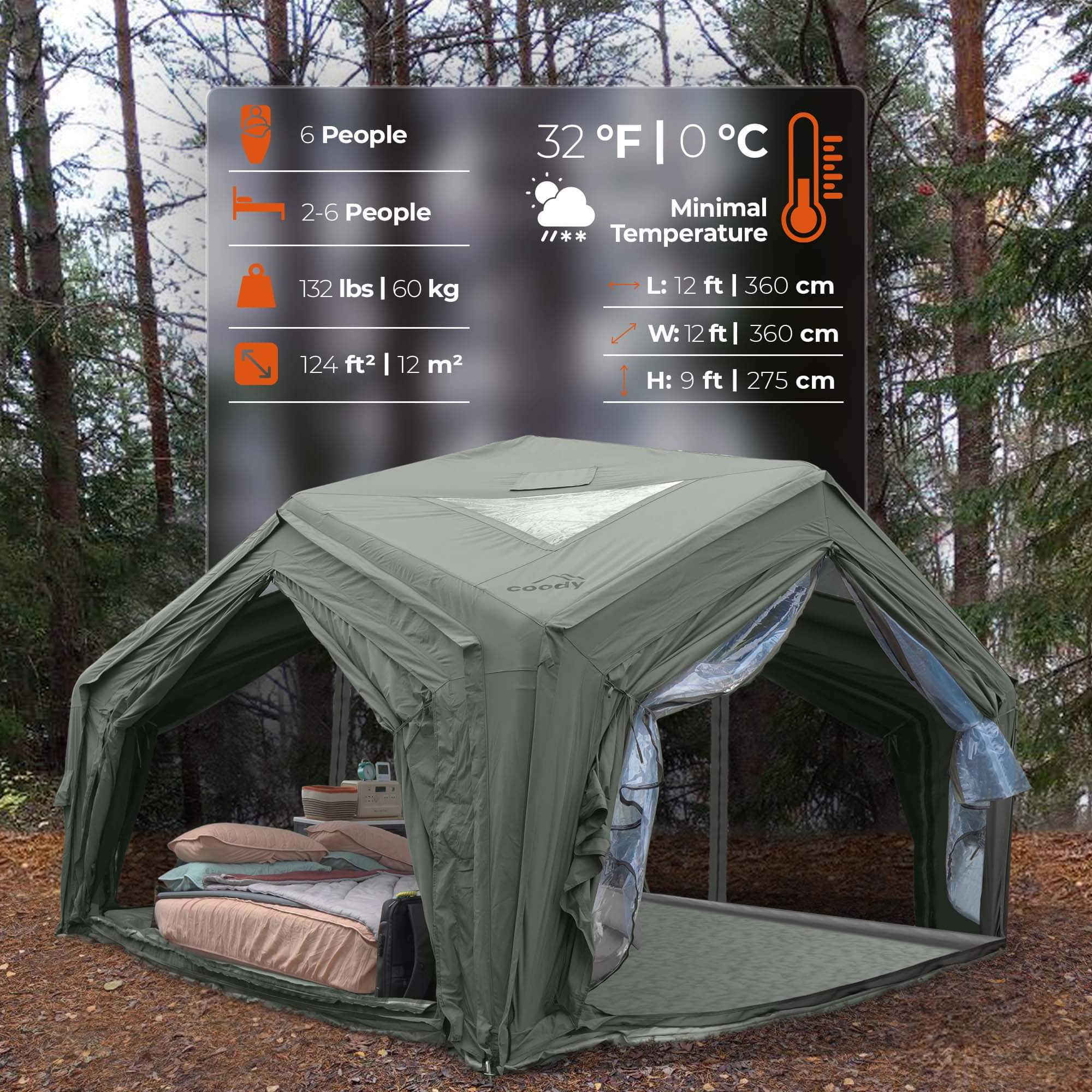 Coody AirTent Hub Shelter Forest Green Inflatable Tents for Camping (2-6 Person) - Image 3