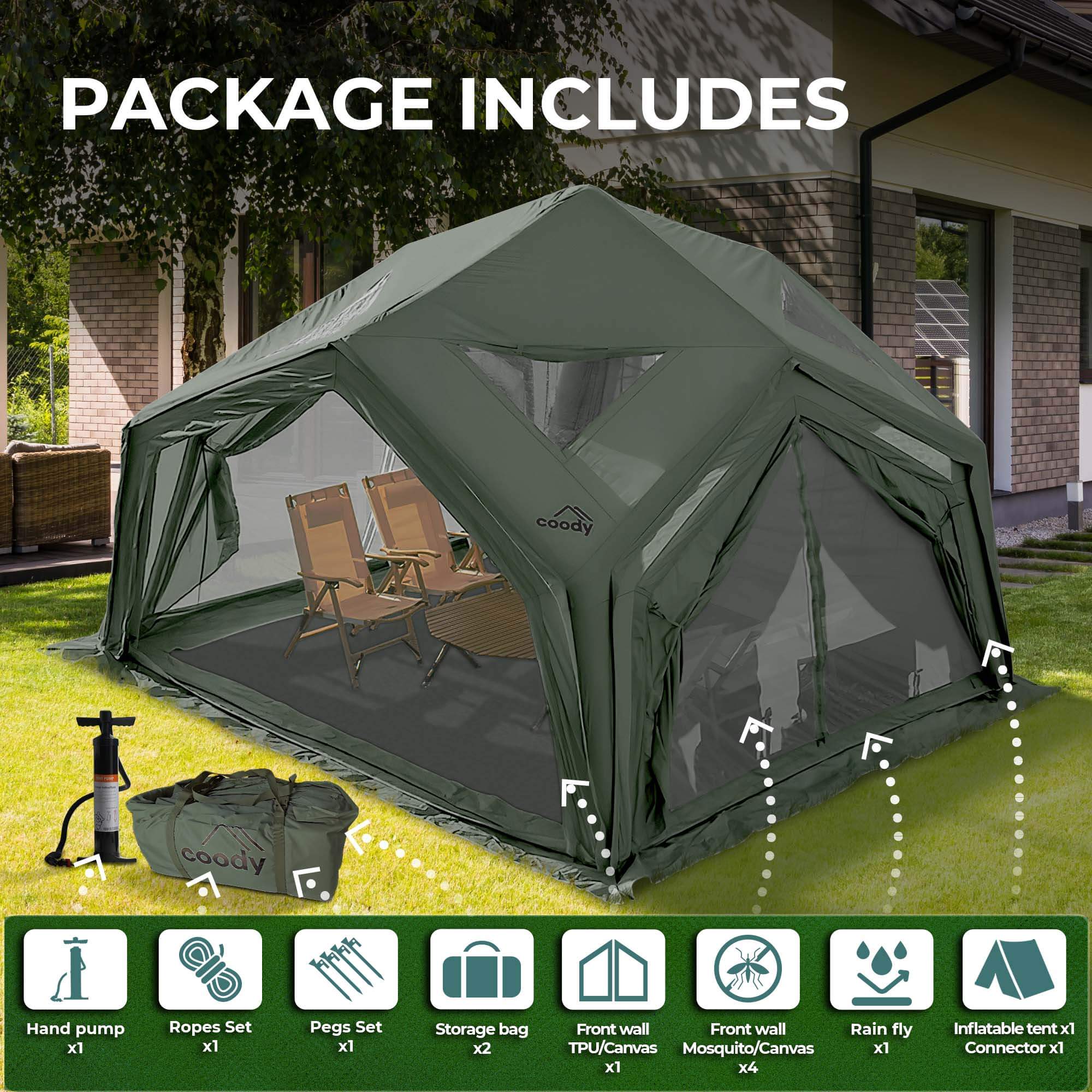 Coody AirTent Hub Shelter Forest Green Inflatable Tents for Camping (2-6 Person) - Image 4