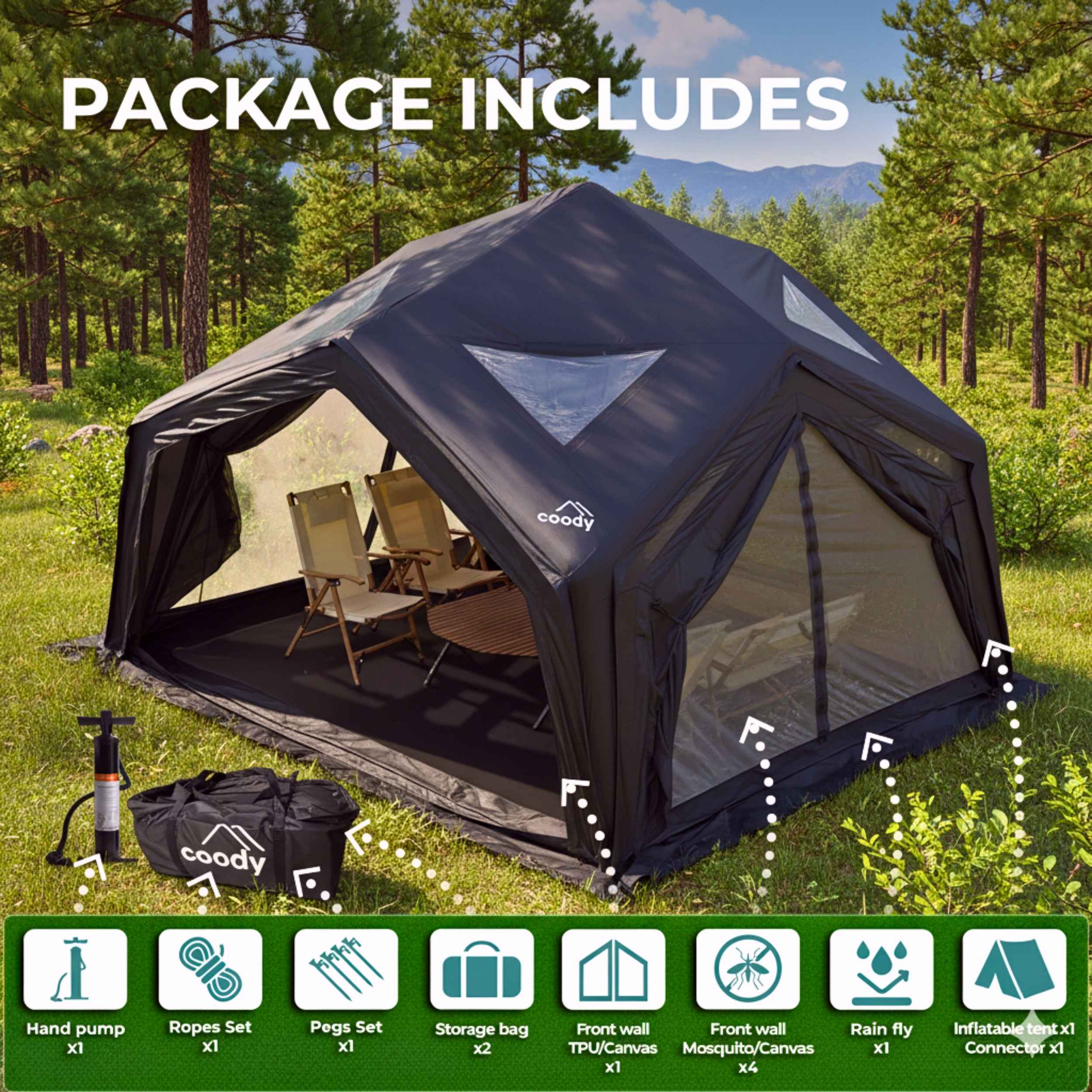 Coody Air Tent Hub Shelter Black Inflatable Tents for Camping (2-6 Person) - Image 4